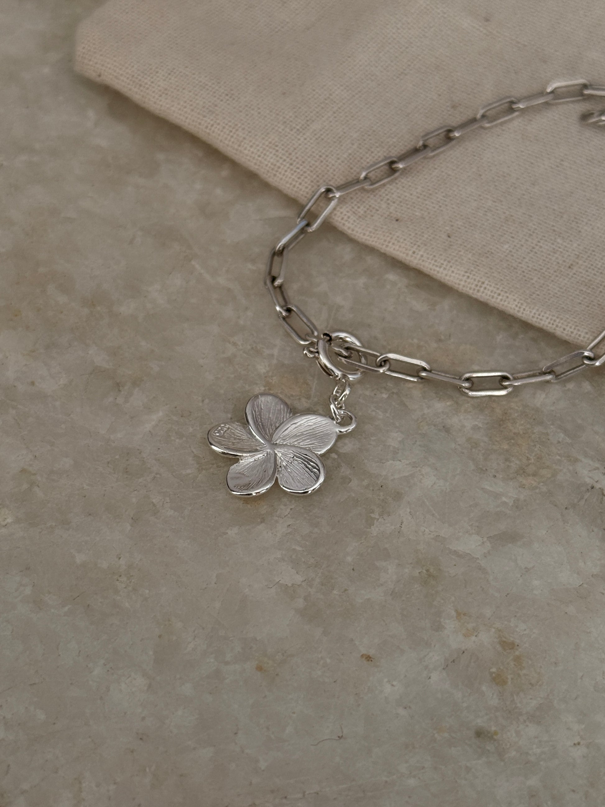 Handcrafted 925 sterling silver plumeria flower charm paper clip bracelet