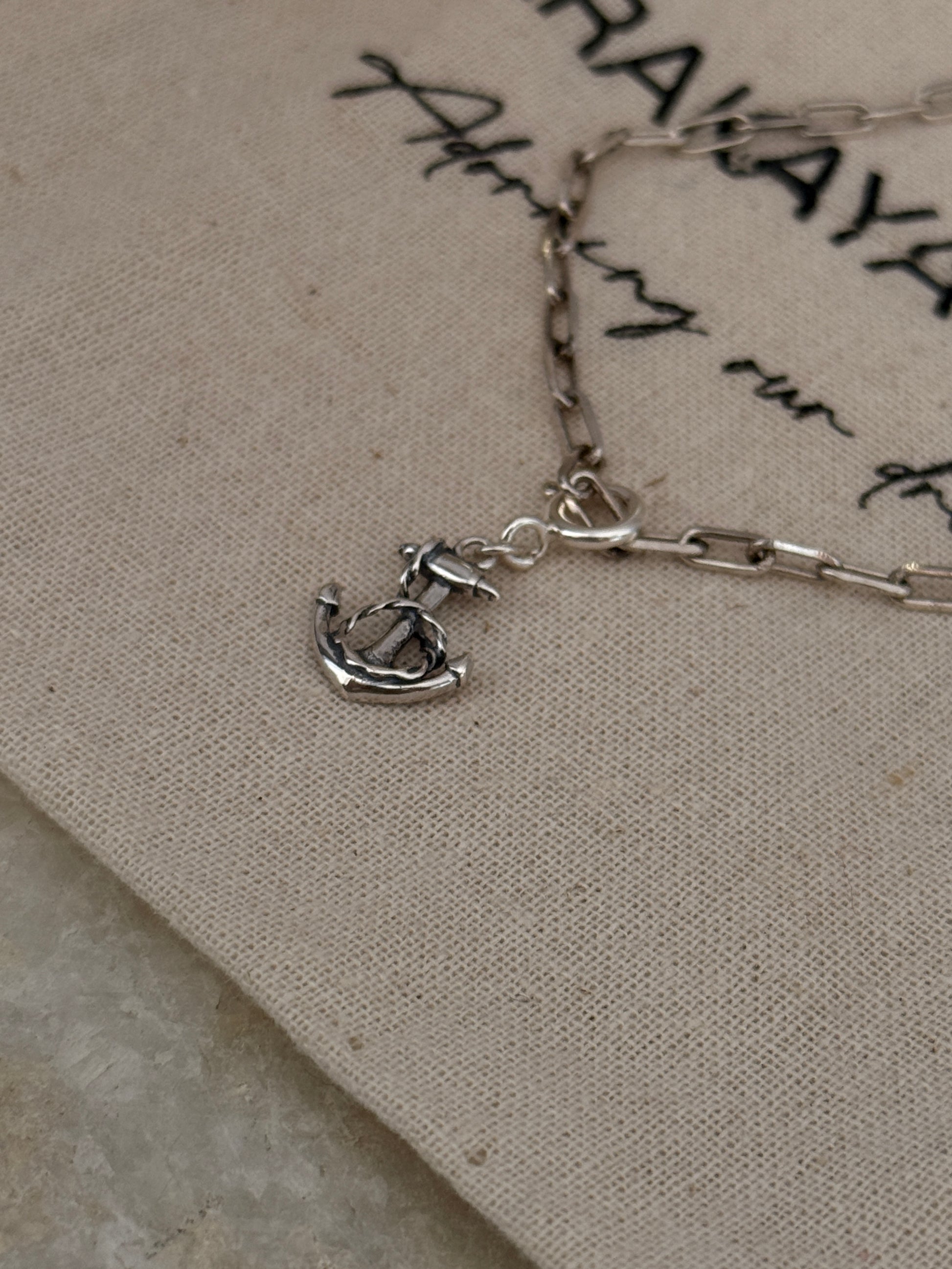 925 Sterling silver paper clip chain bracelet featuring anchor pendant