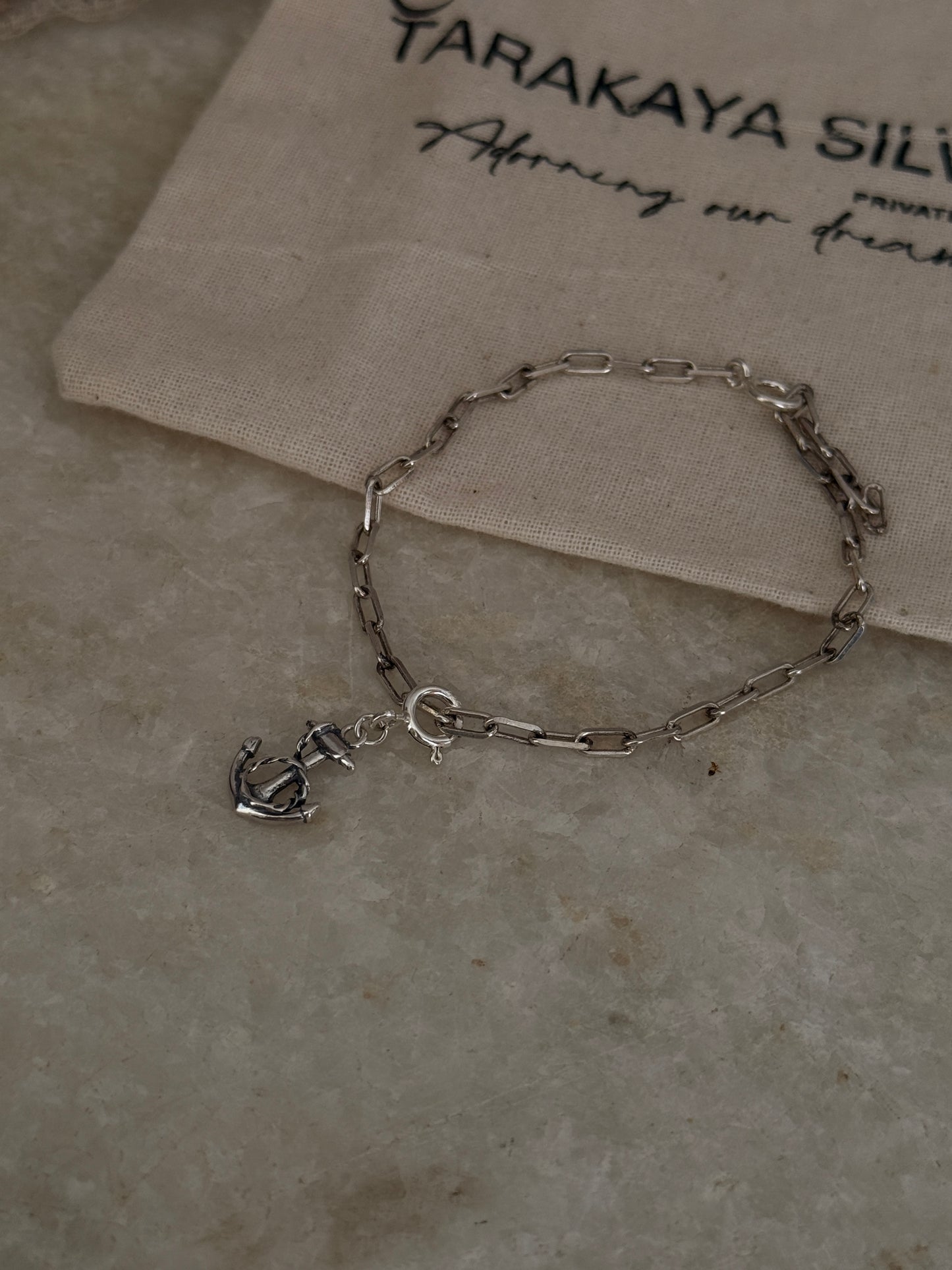 925 Sterling silver paper clip bracelet with tiny anchor design