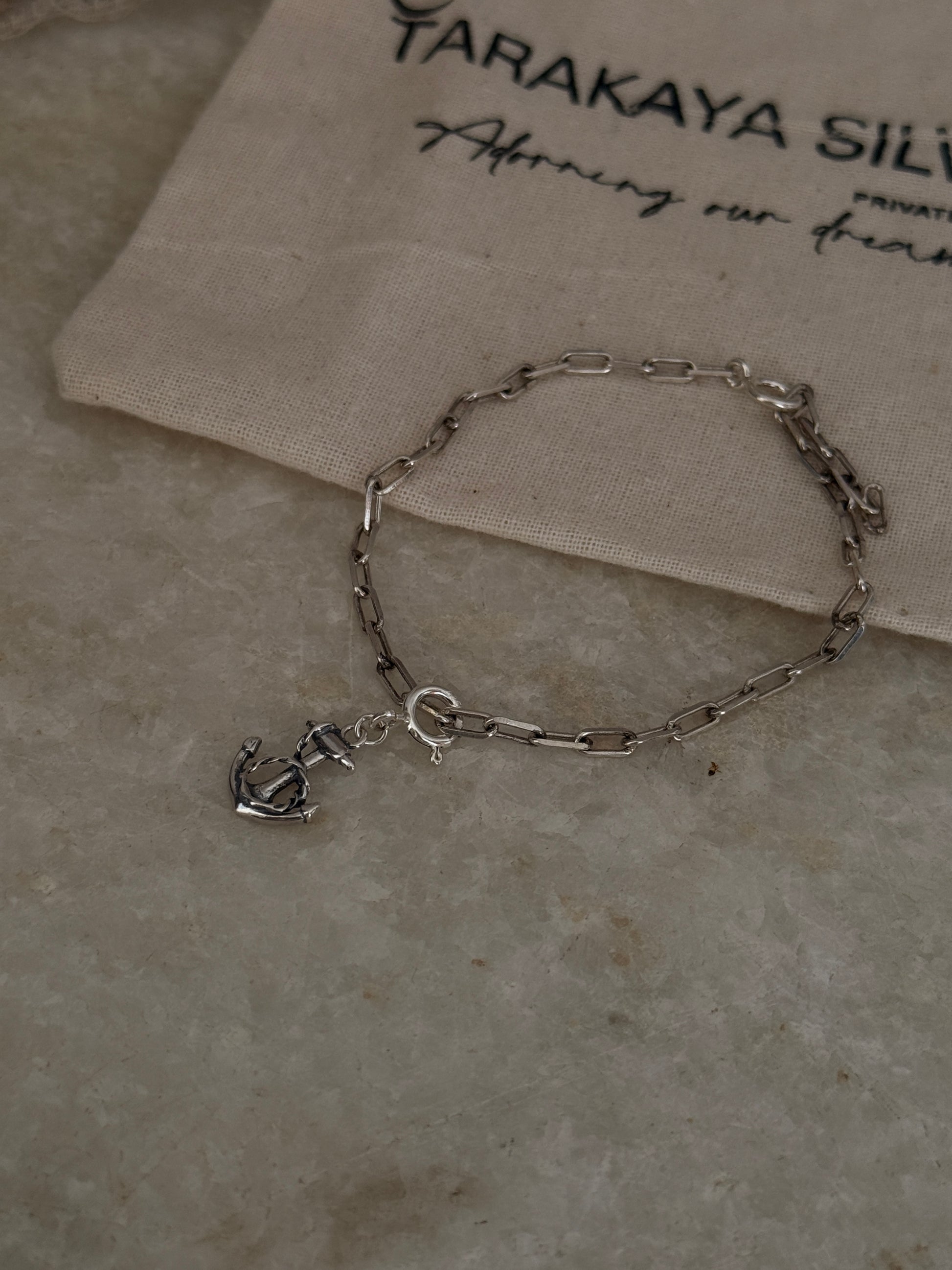 925 Sterling silver paper clip bracelet with tiny anchor design