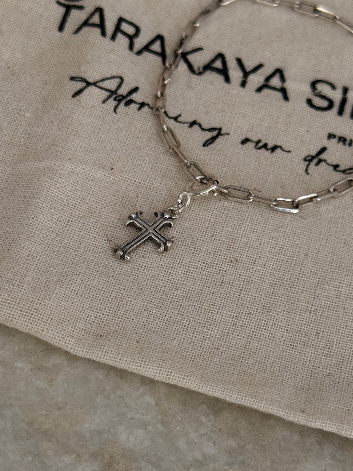 925 Sterling silver paper clip chain bracelet featuring Italian cross charm