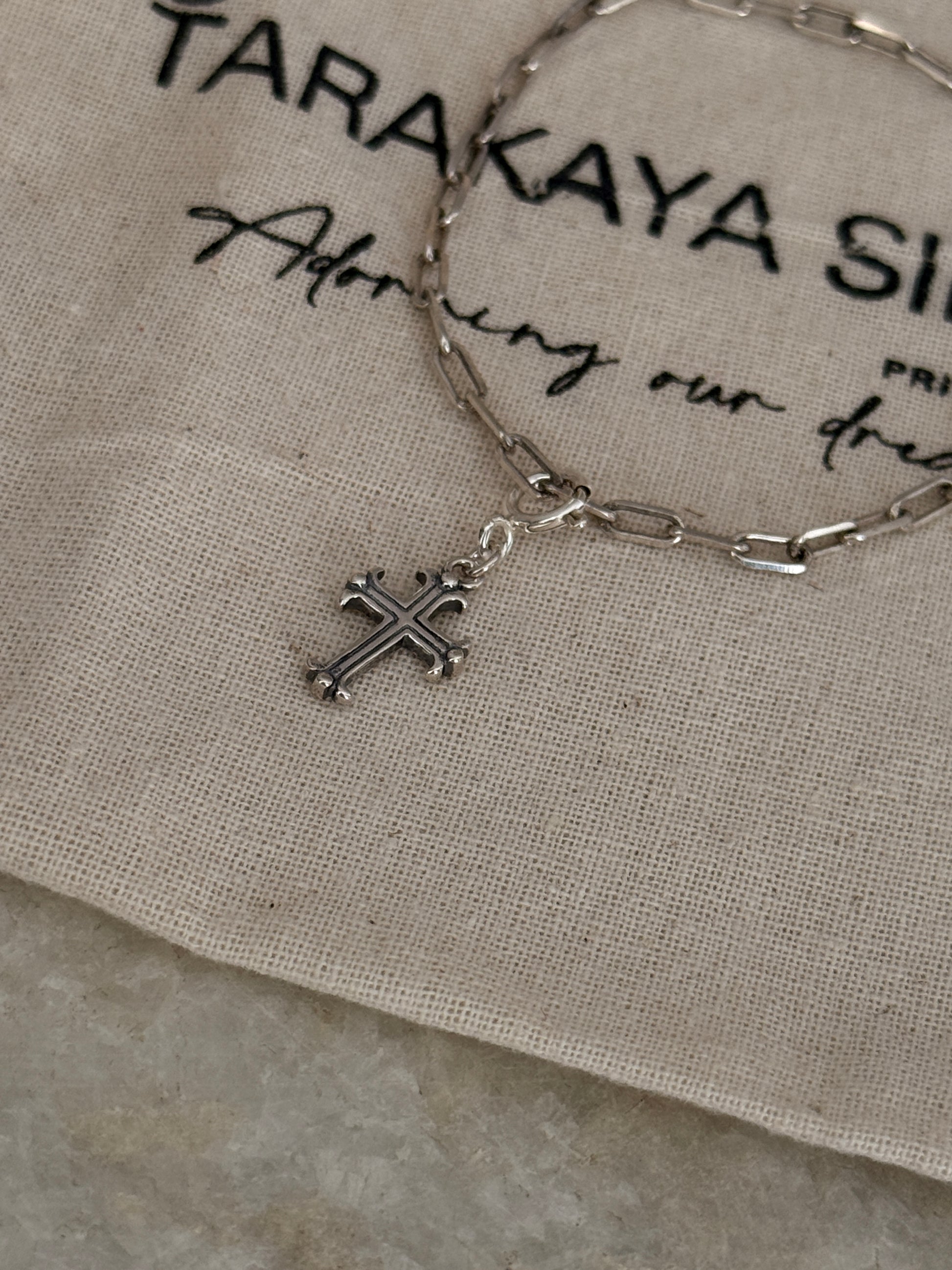 925 Sterling silver paper clip chain bracelet featuring Italian cross charm