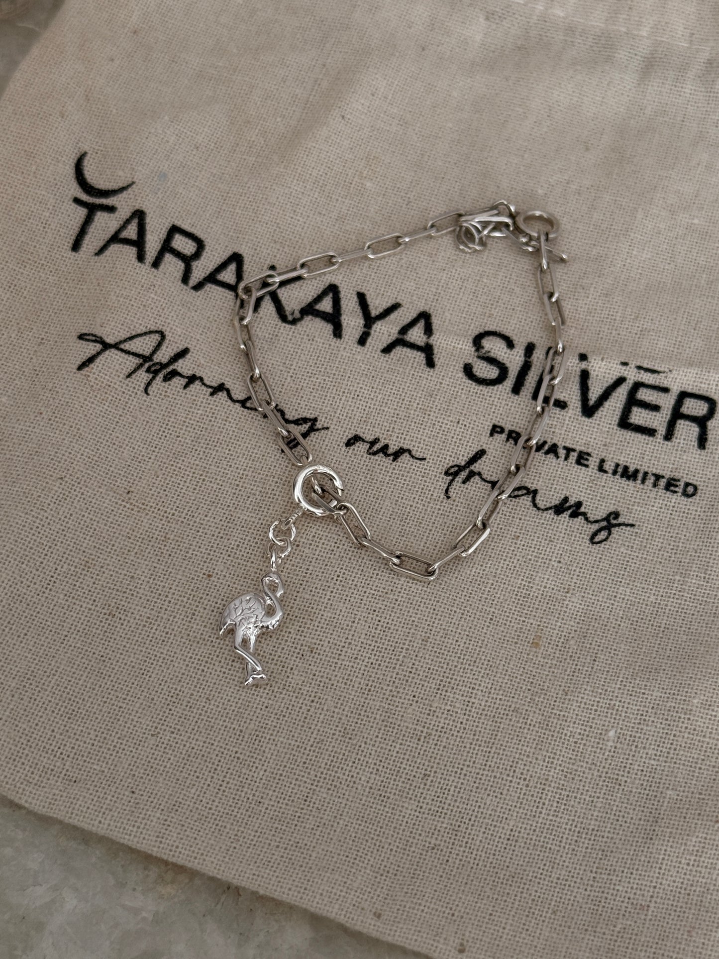 925 Sterling silver paper clip bracelet with flamingo design charm