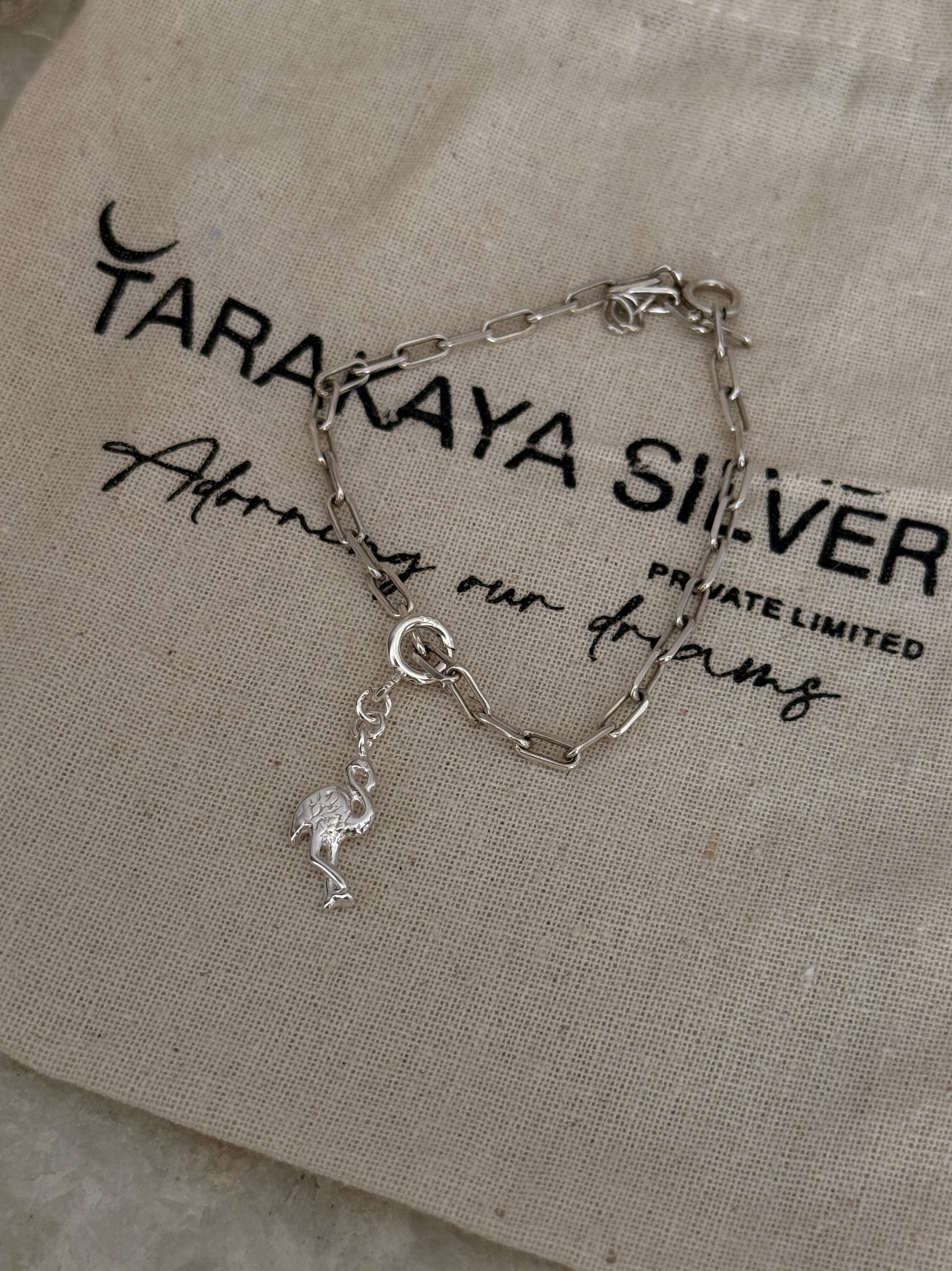 925 Sterling silver paper clip bracelet with flamingo design charm