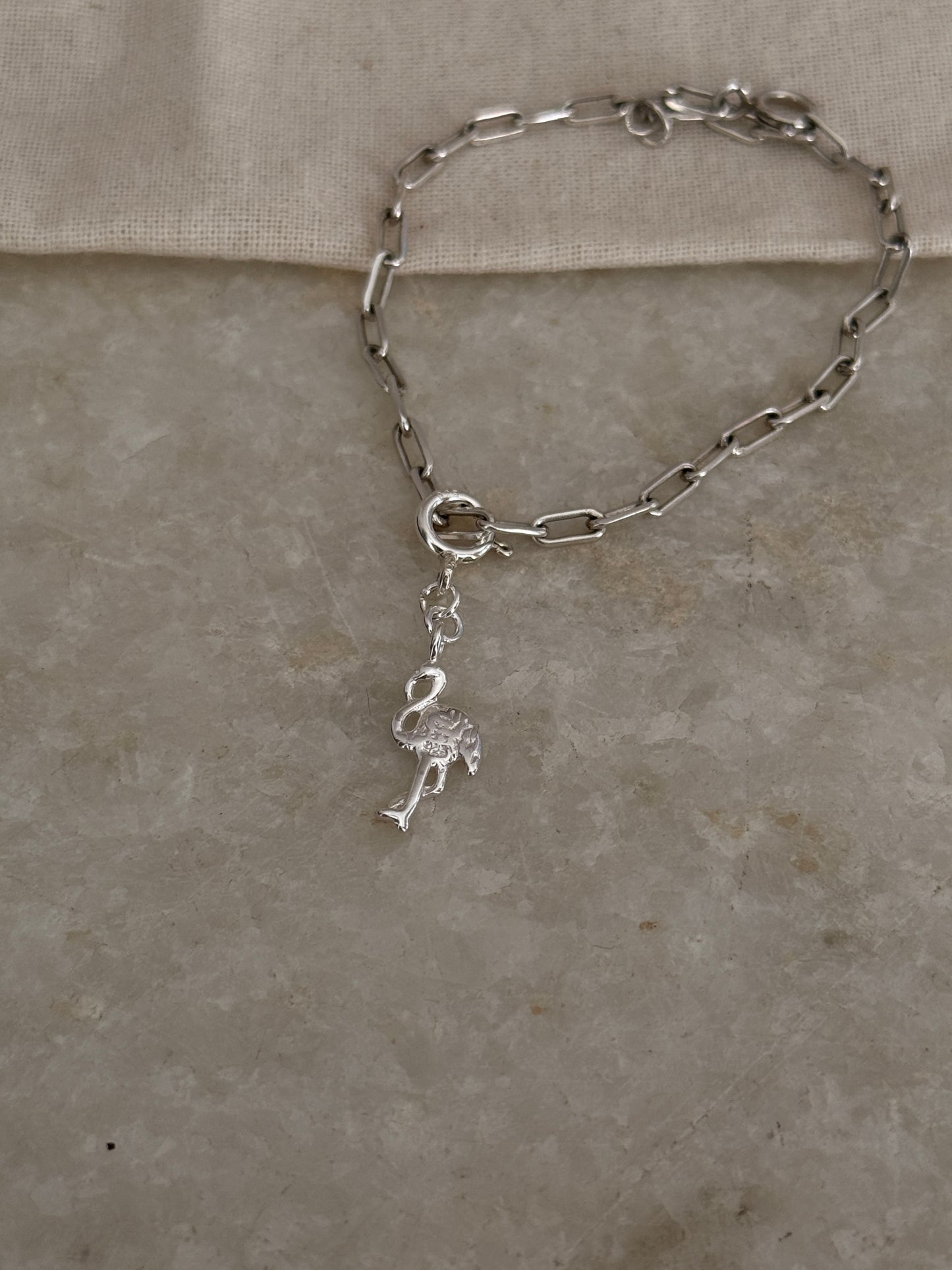 925 Sterling silver paper clip chain bracelet featuring flamingo pendant