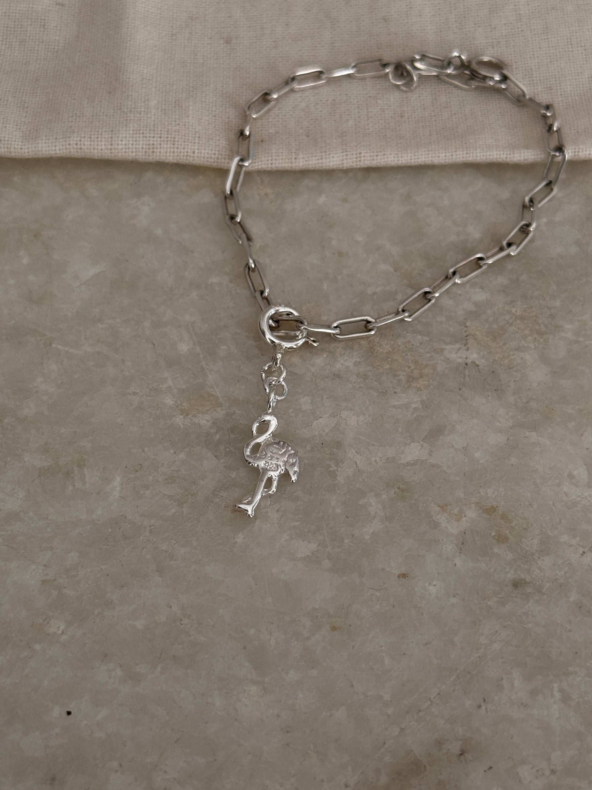 925 Sterling silver paper clip chain bracelet featuring flamingo pendant