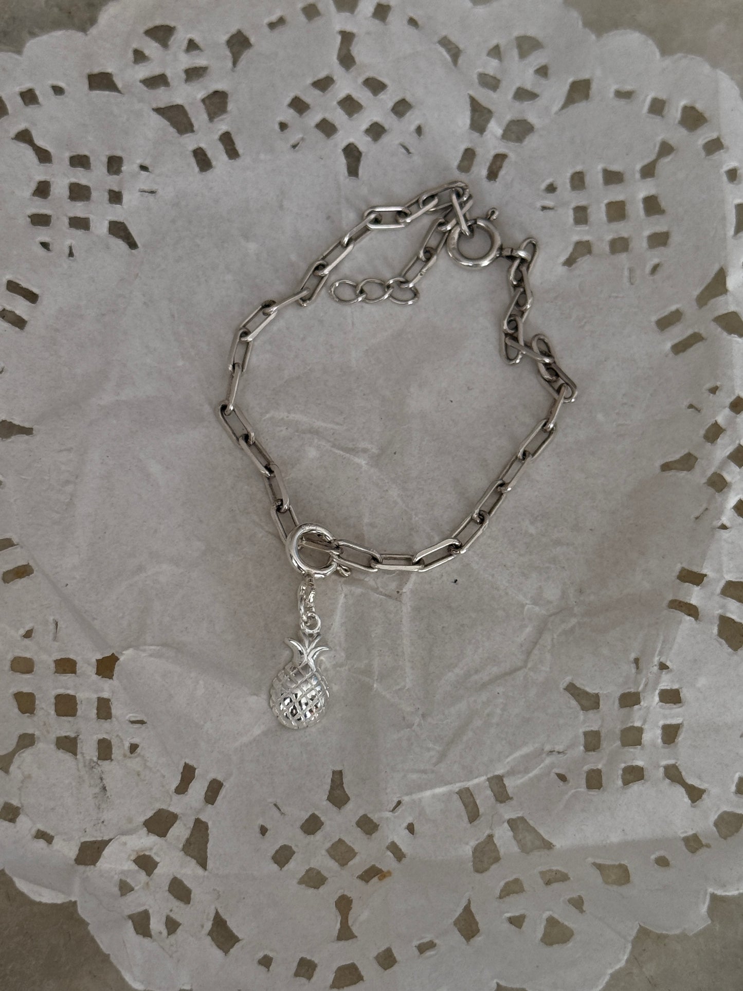 925 Sterling silver paper clip chain bracelet featuring pineapple charm
