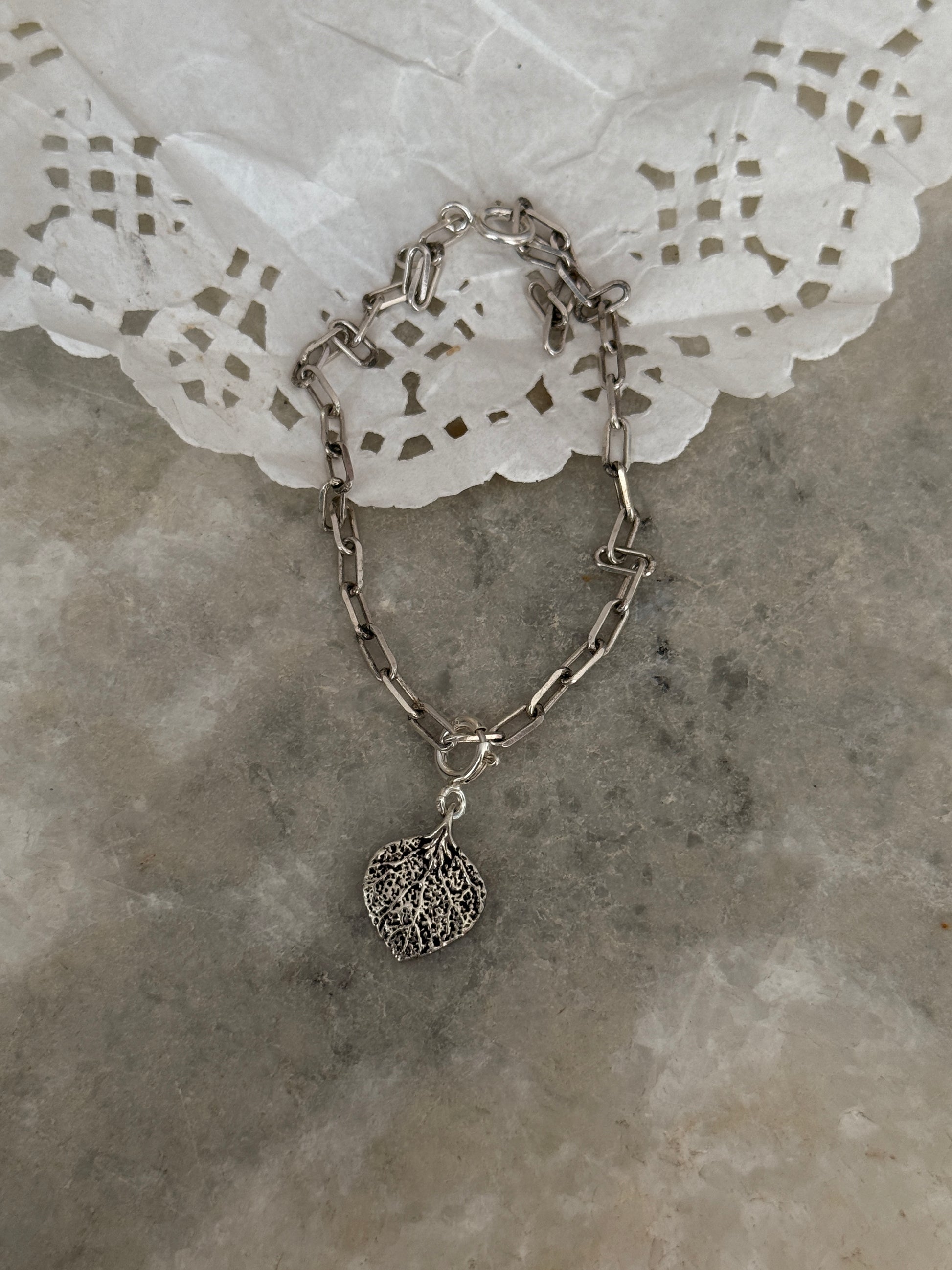 Artisan 925 sterling silver leaf charm paper clip bracelet