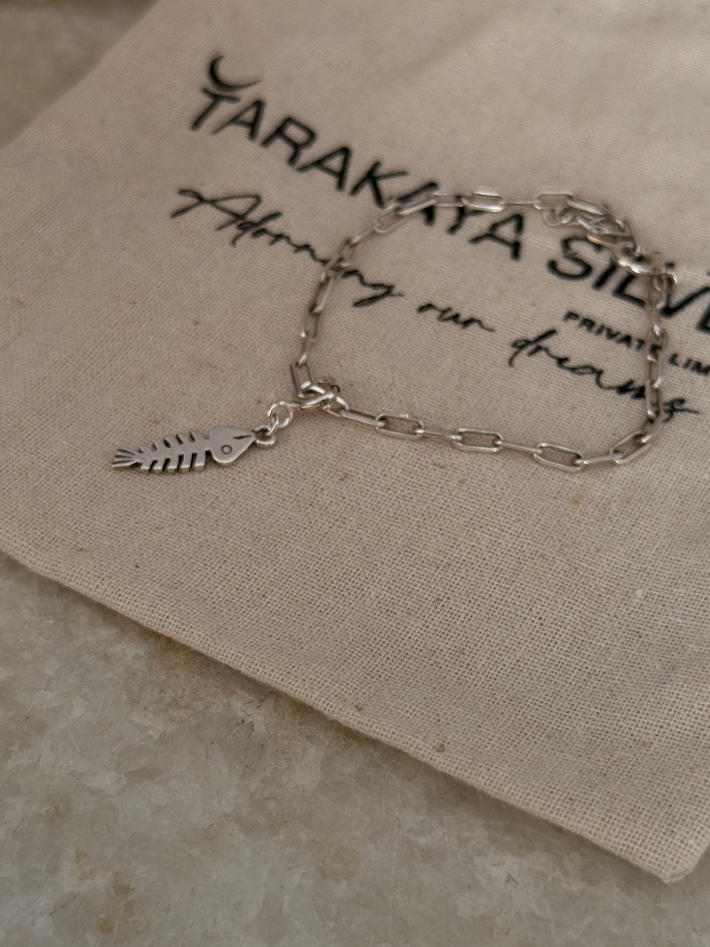 925 Sterling silver paper clip chain bracelet featuring fish bone pendant