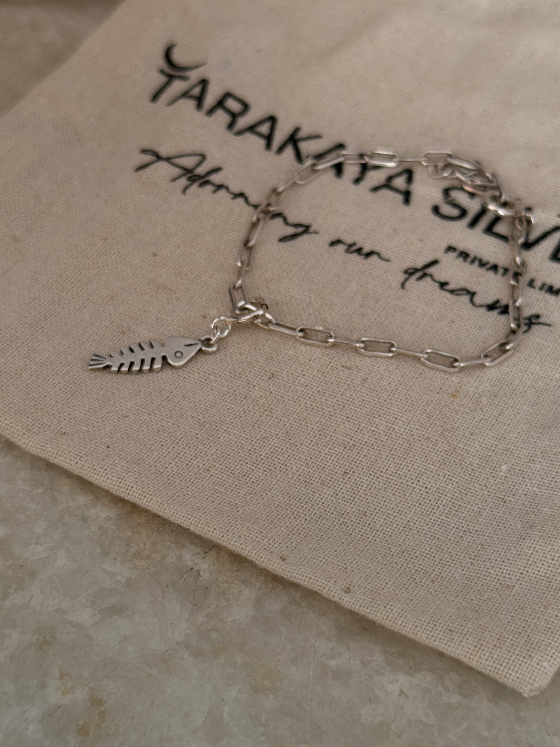 925 Sterling silver paper clip chain bracelet featuring fish bone pendant