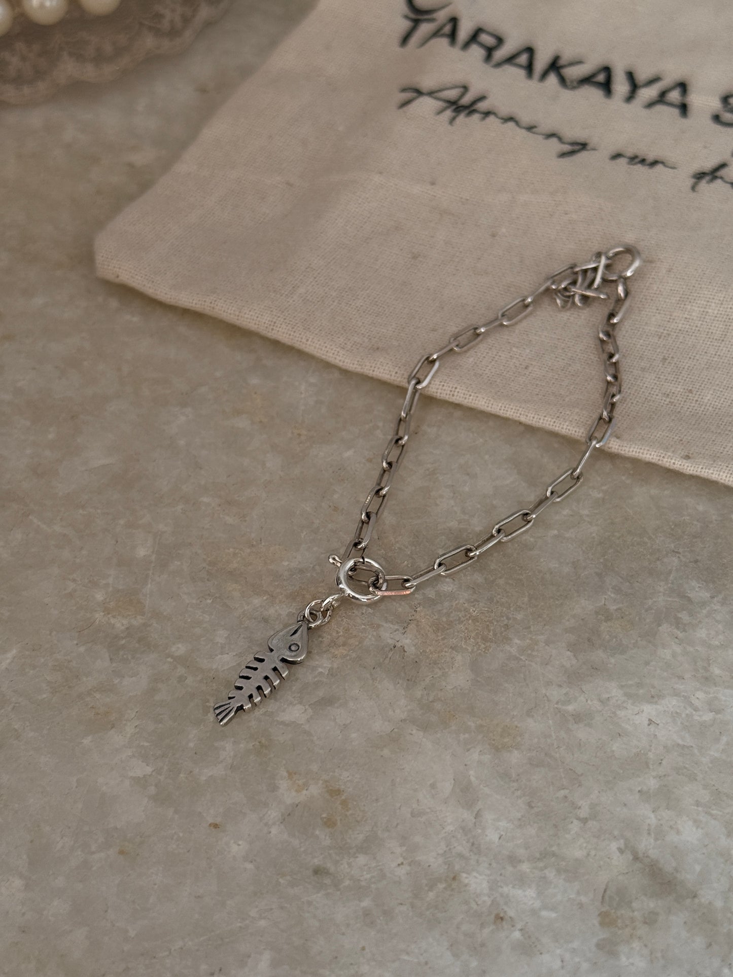Handcrafted 925 sterling silver fish bone charm paper clip bracelet