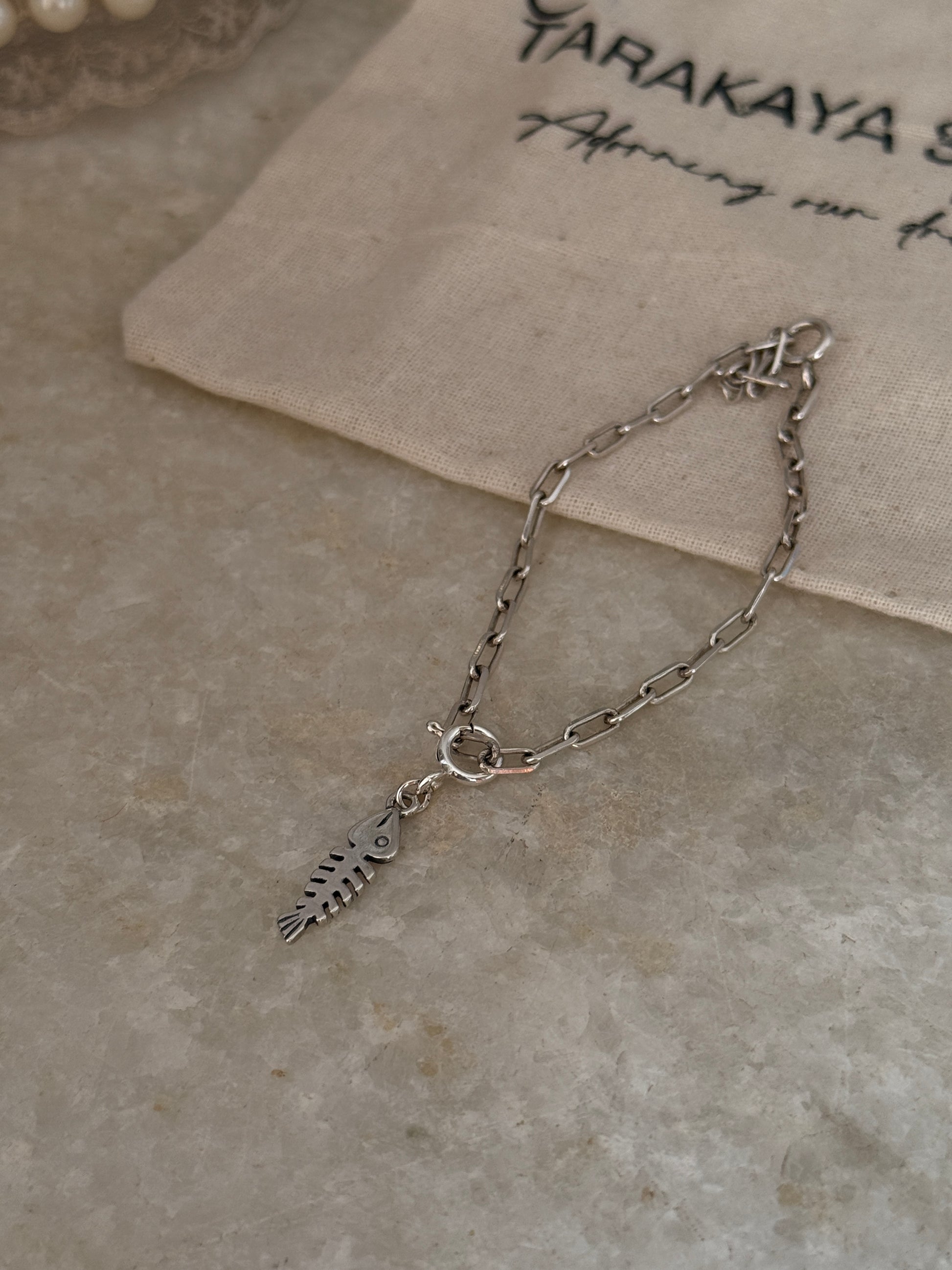 Handcrafted 925 sterling silver fish bone charm paper clip bracelet