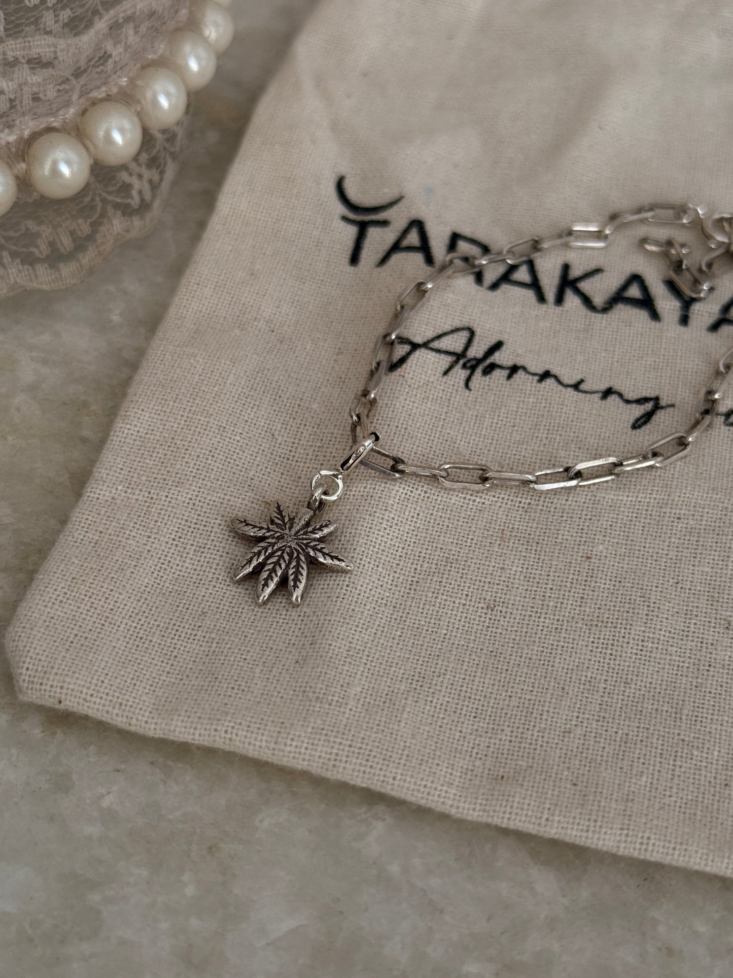 925 sterling silver paper clip bracelet with hemp charm  