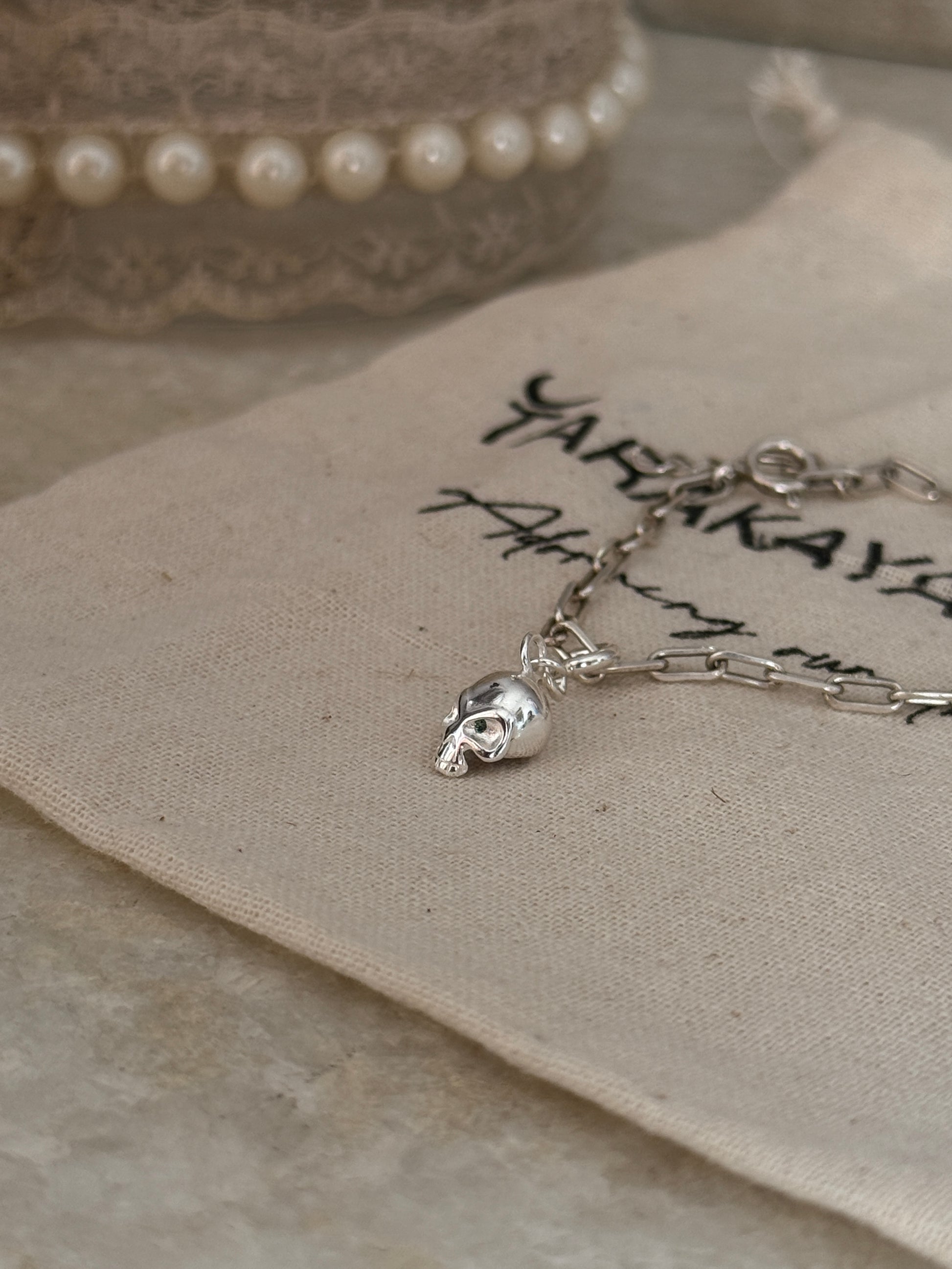 925 sterling silver paper clip bracelet with skull charm  