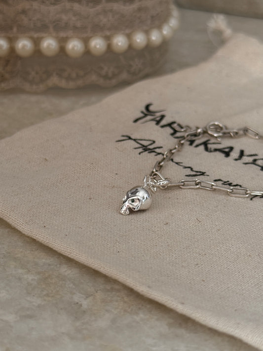 925 sterling silver paper clip bracelet with skull charm  