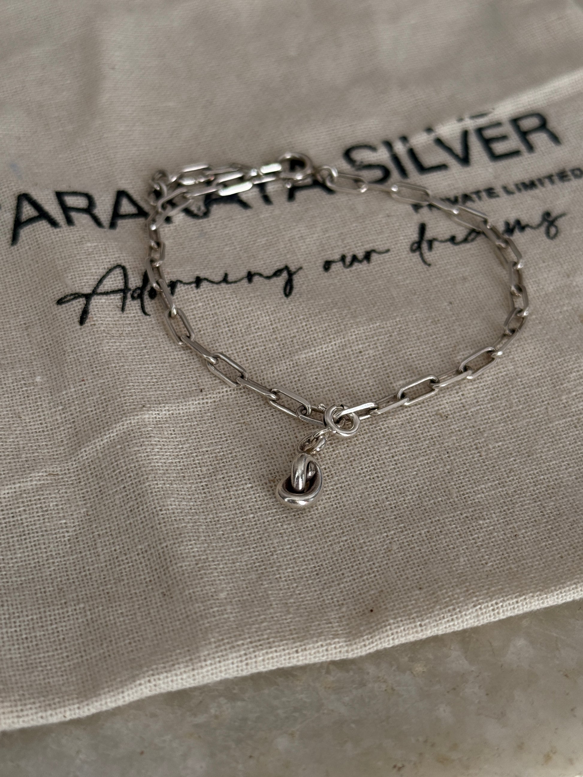 925 Sterling silver paper clip bracelet with promise knot pendant  