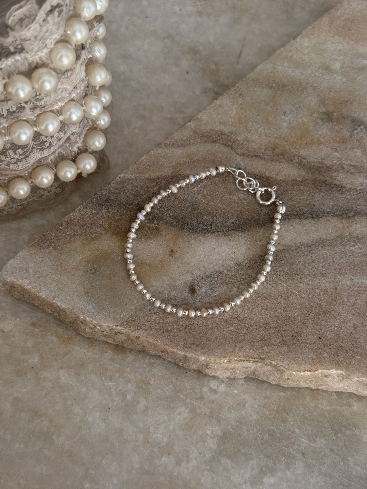 925 sterling silver fresh water pearl warm tone bracelet with 2mm beads  