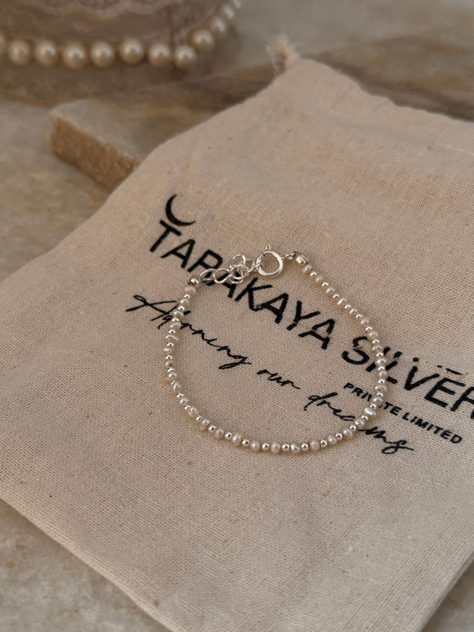 Handcrafted 925 sterling silver fresh water pearl warm tone bracelet with 2mm beads