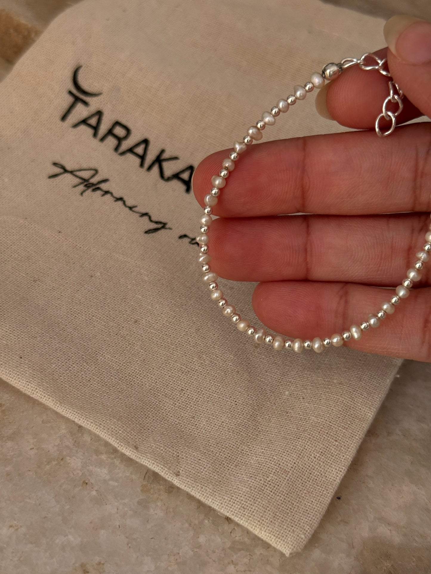 925 Sterling silver warm tone freshwater pearl bracelet with tiny silver beads 