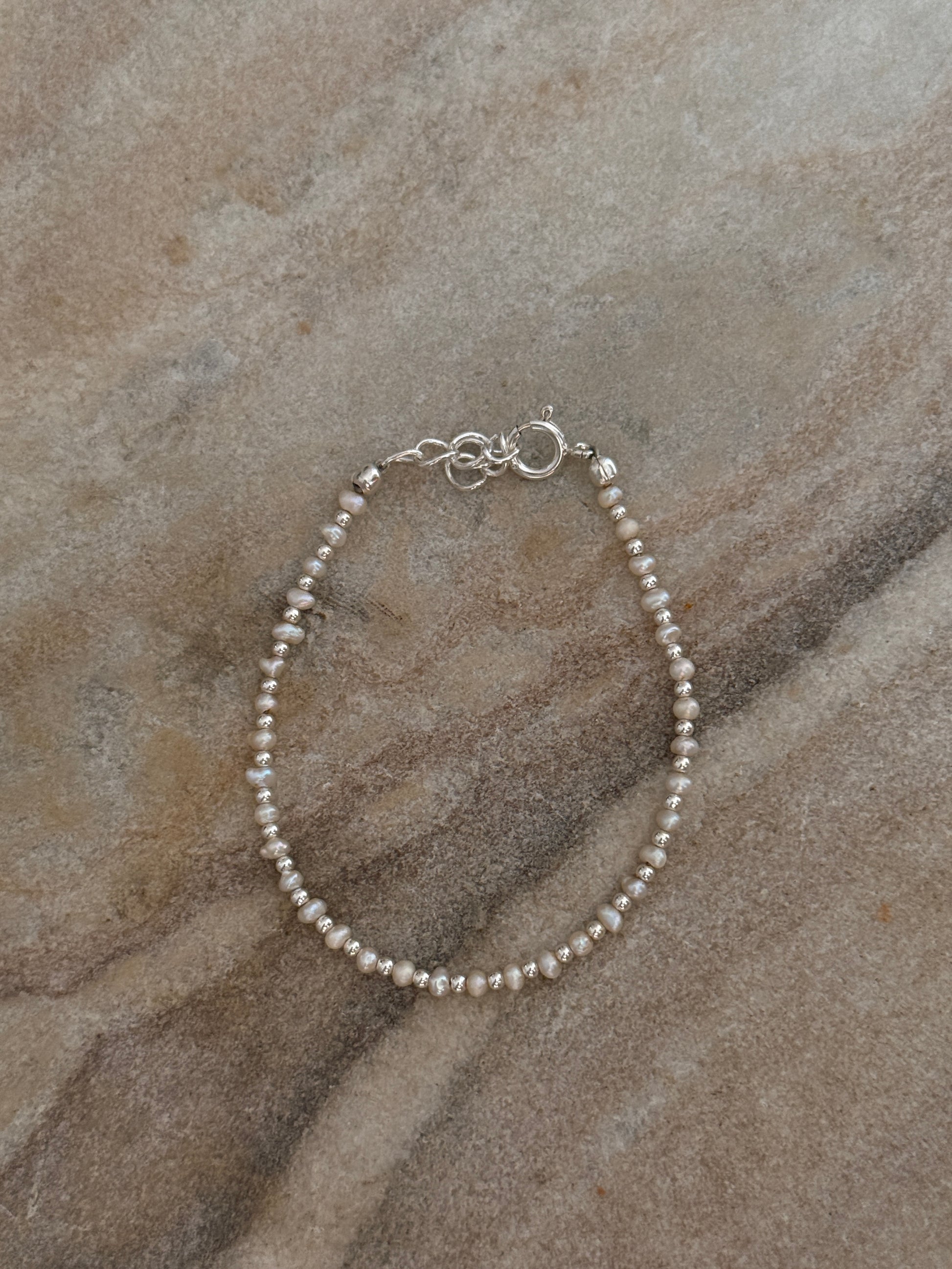Minimalist warm tone freshwater pearl and 2mm bead bracelet 925 Sterling silver
