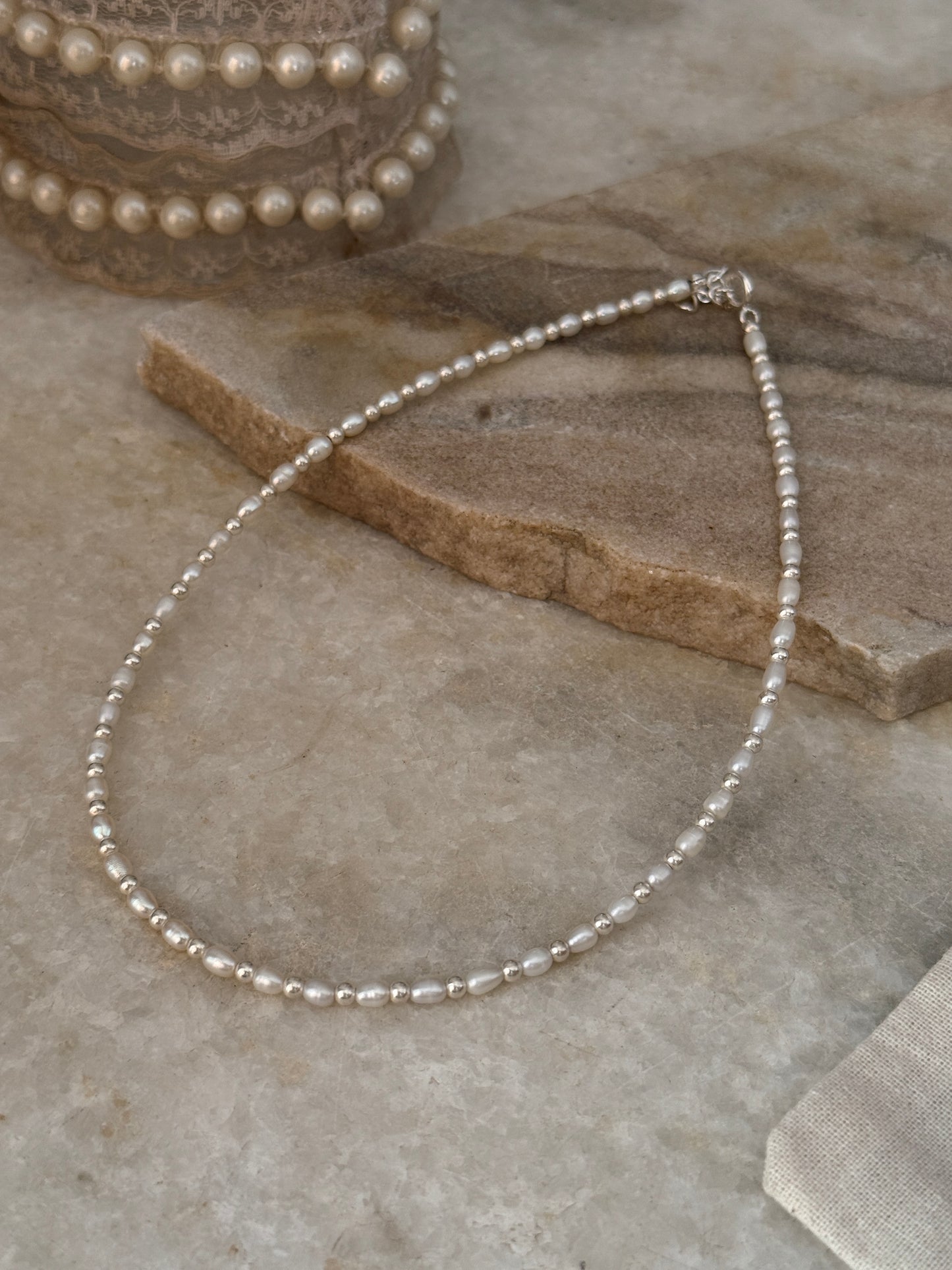 Handcrafted 925 sterling silver fresh water pearl necklace with 3mm balls  