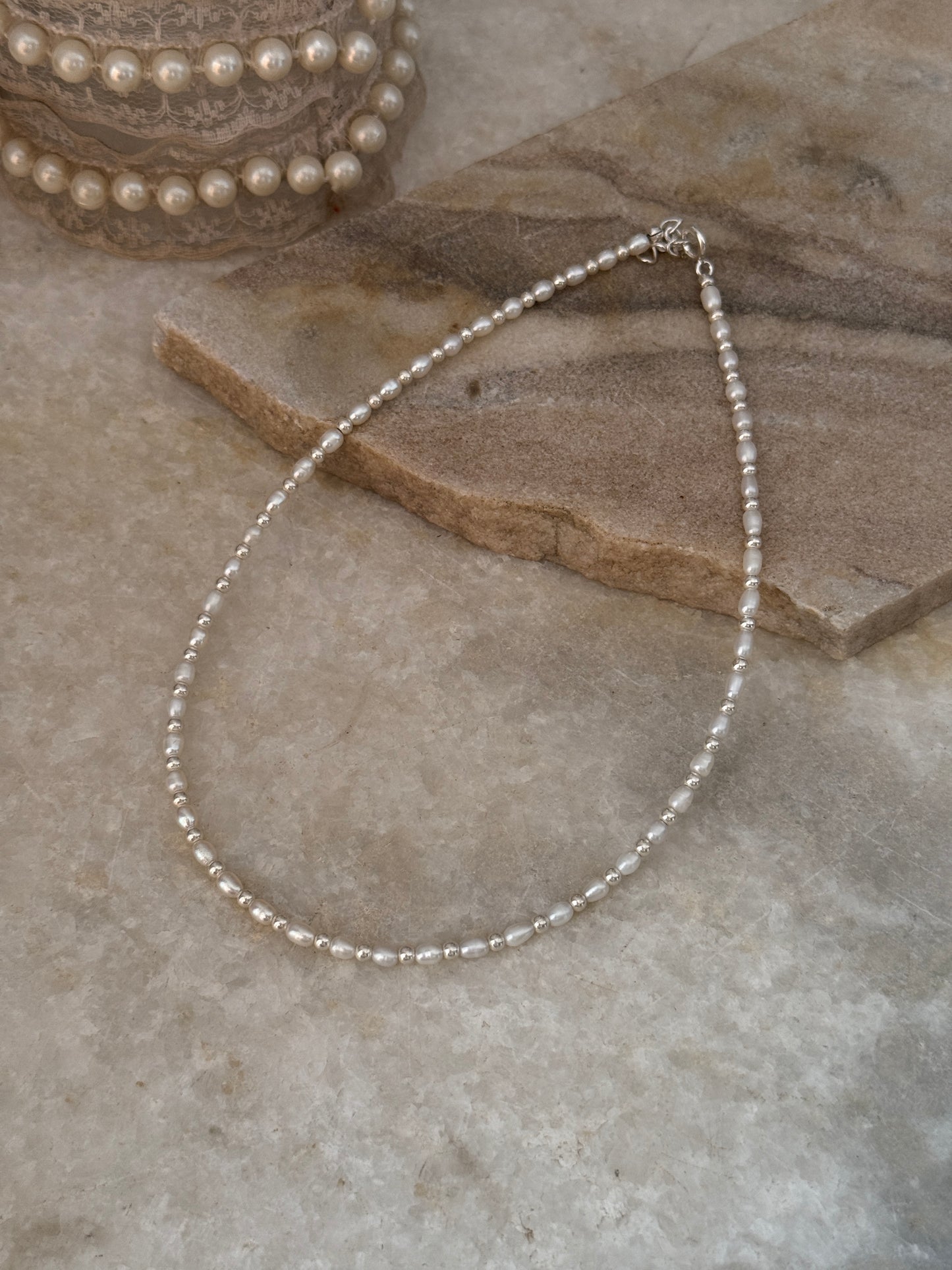 Artisan 925 sterling silver fresh water pearl necklace with silver beads