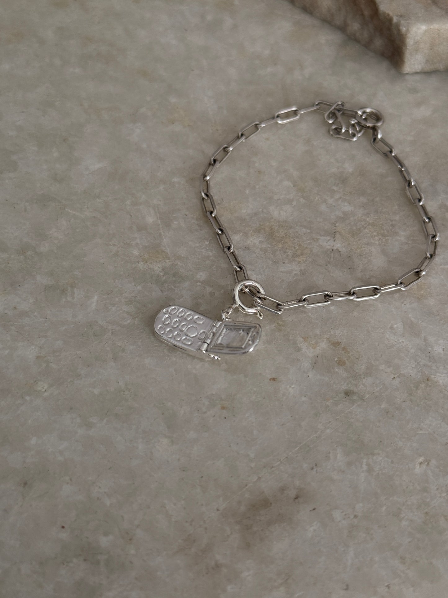 925 Sterling silver paper clip bracelet with flip phone design charm