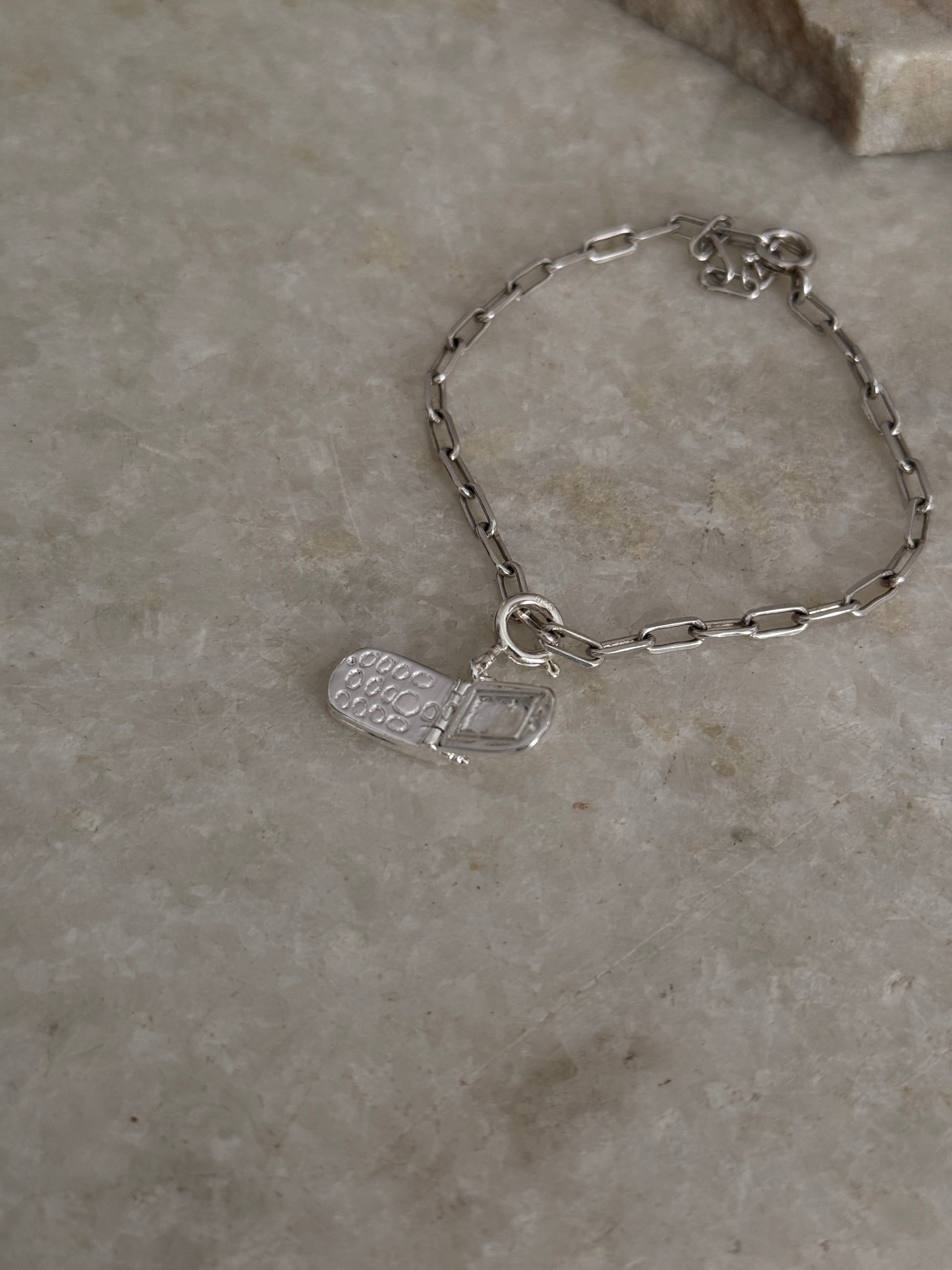 925 Sterling silver paper clip bracelet with flip phone design charm