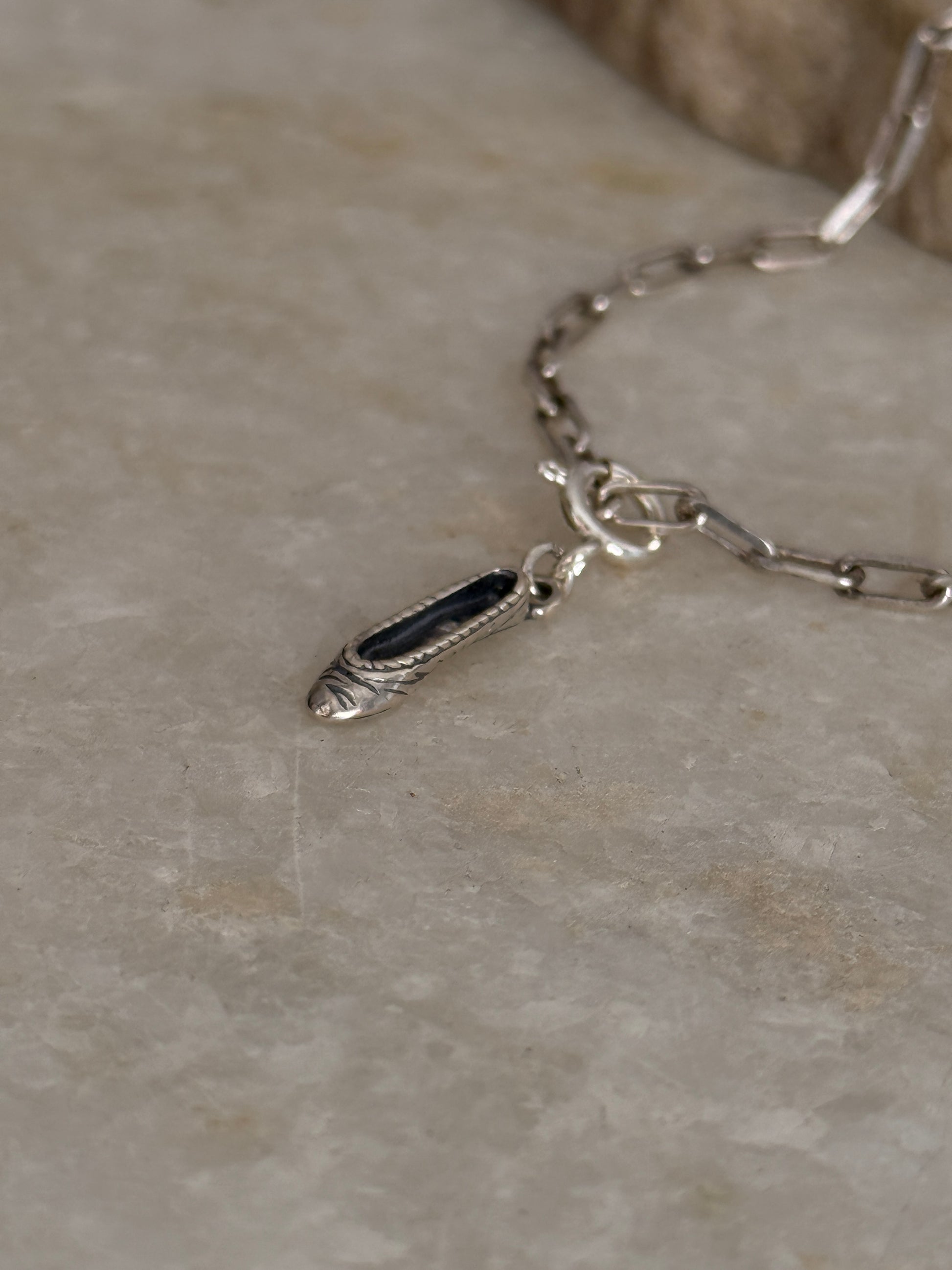 925 Sterling silver paper clip chain bracelet featuring ballet shoes charm