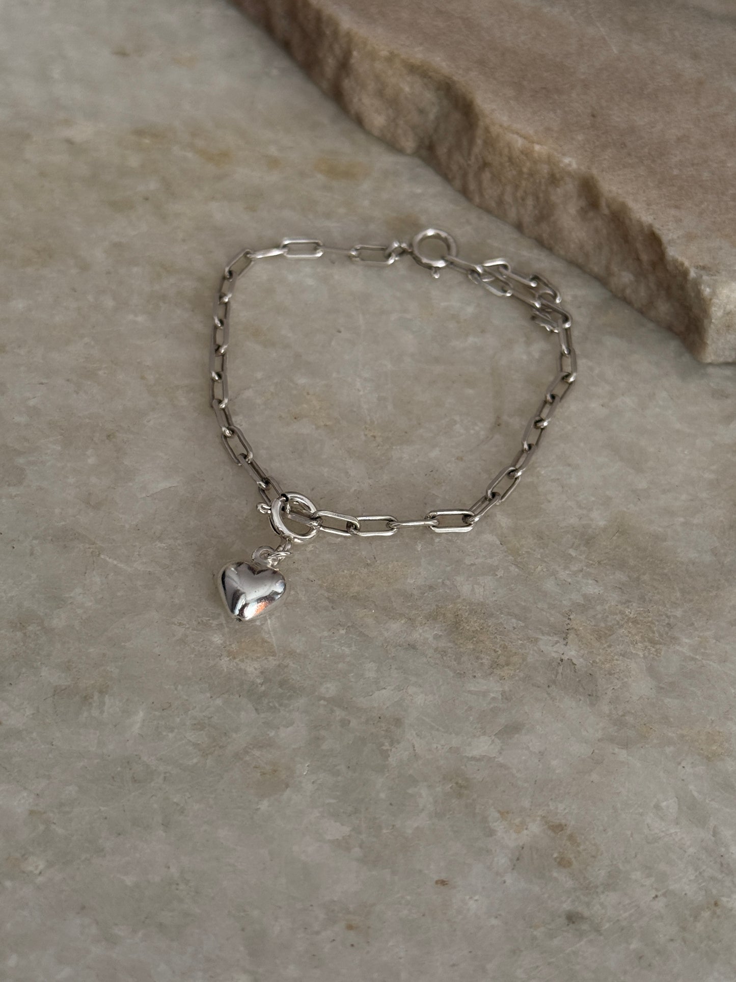 Handcrafted 925 sterling silver small heart charm paper clip bracelet