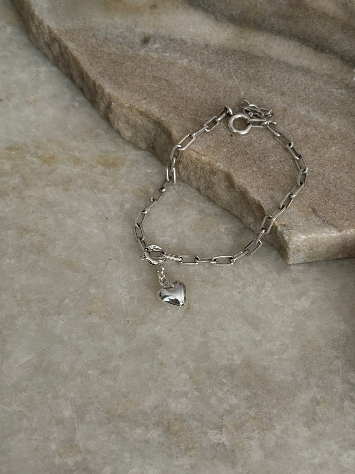 925 Sterling silver paper clip chain bracelet featuring tiny heart charm