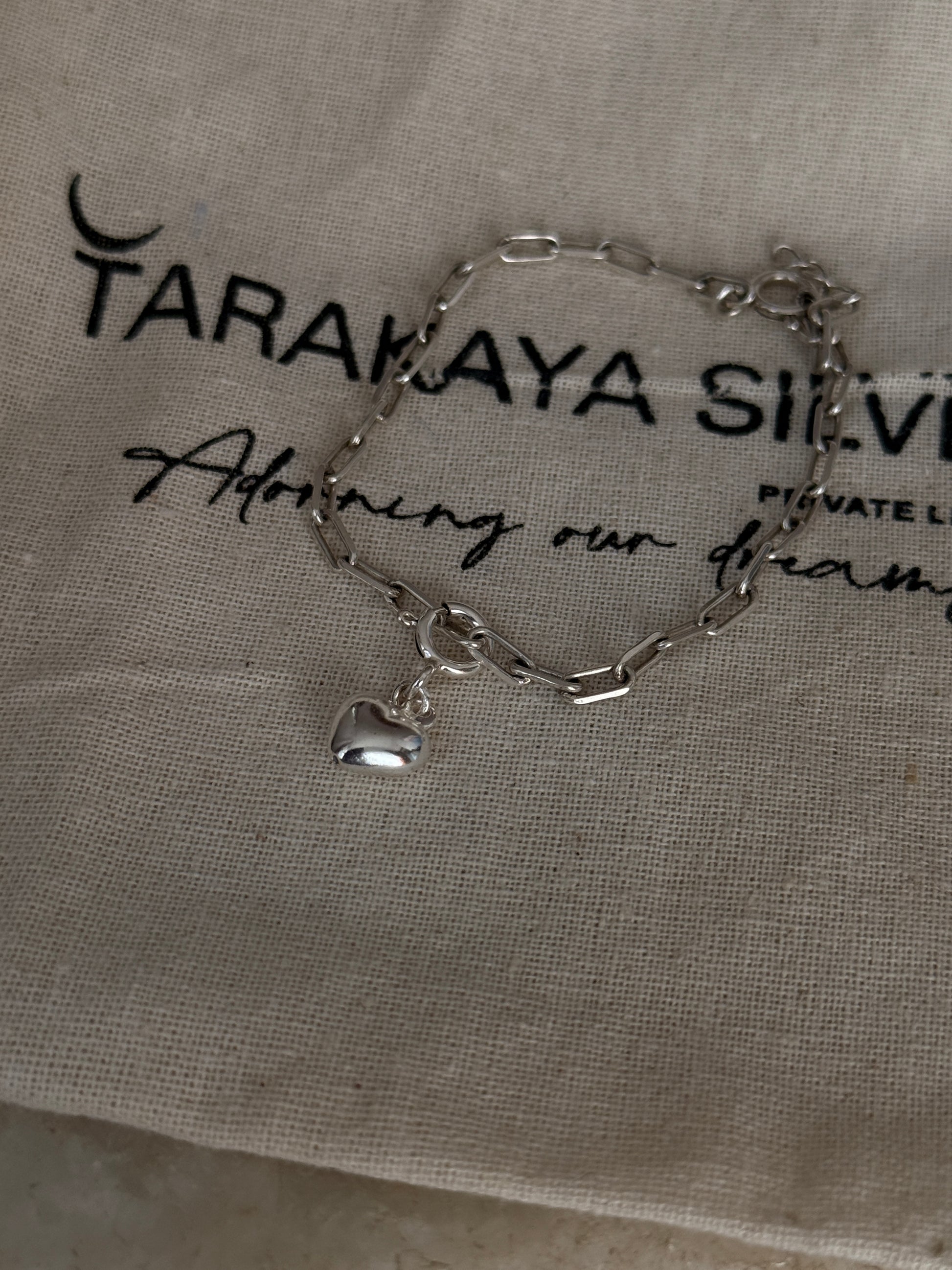 925 sterling silver paper clip bracelet with small heart pendant  