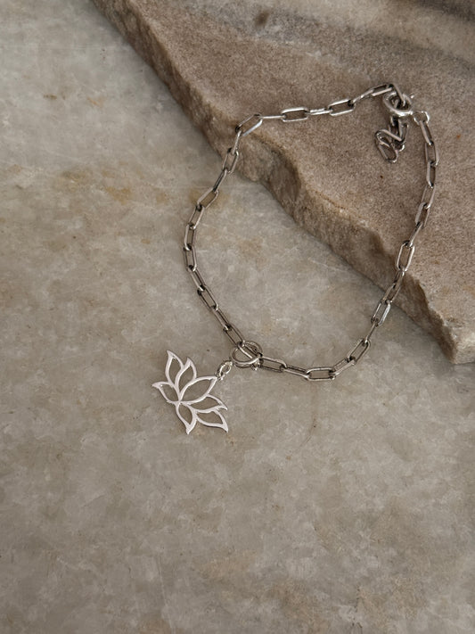 925 sterling silver paper clip bracelet with lotus charm  