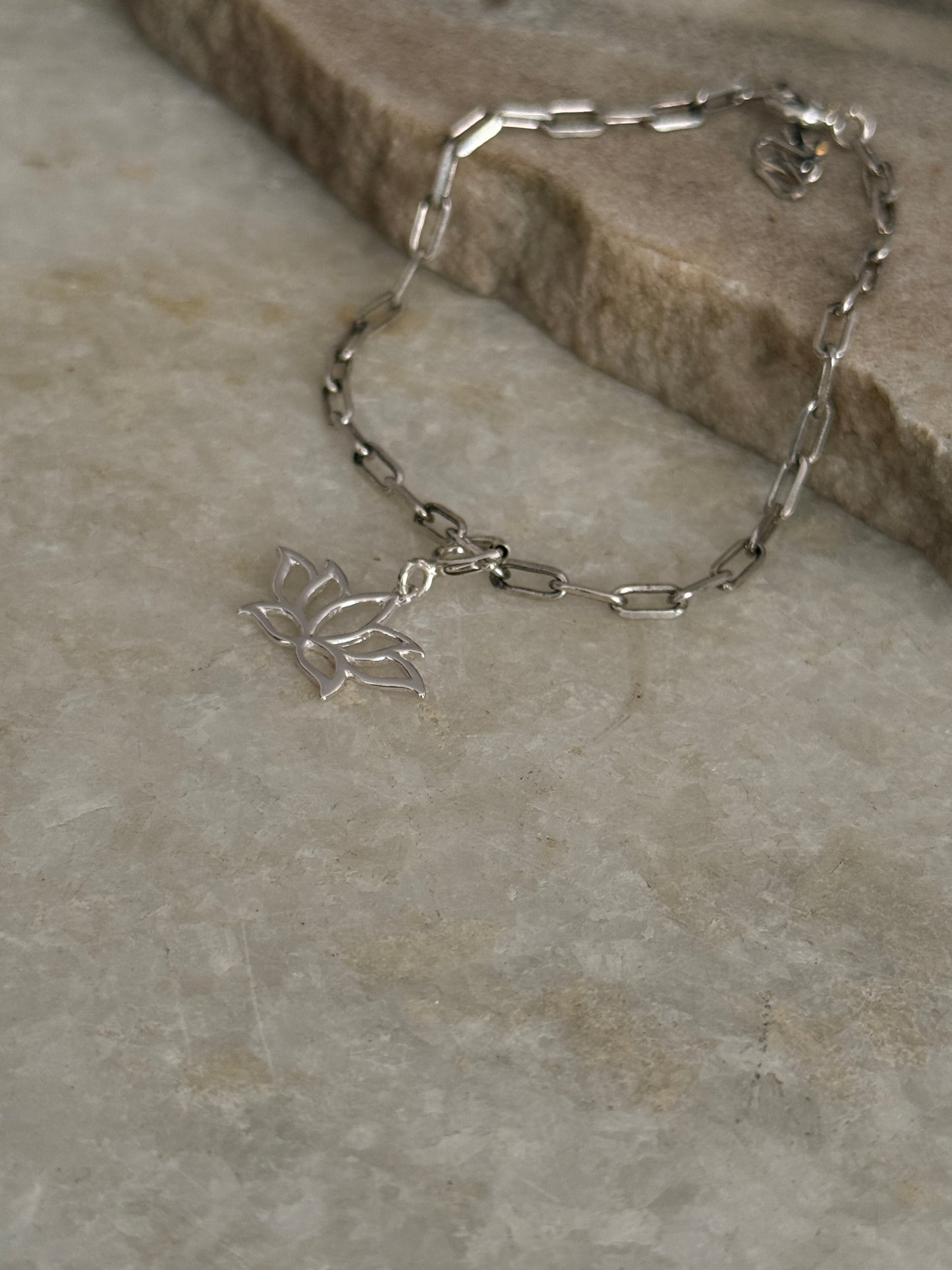 925 sterling silver paper clip bracelet with lotus flower design  
