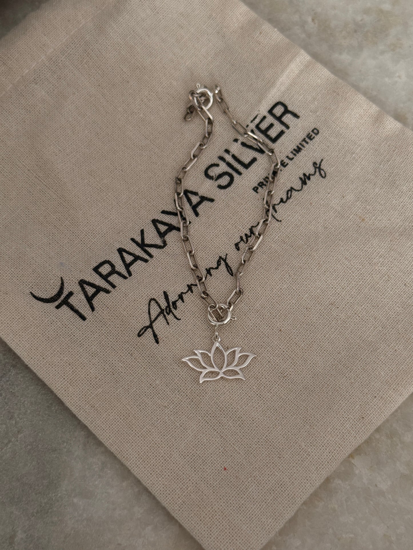 Handcrafted 925 sterling silver lotus charm paper clip bracelet