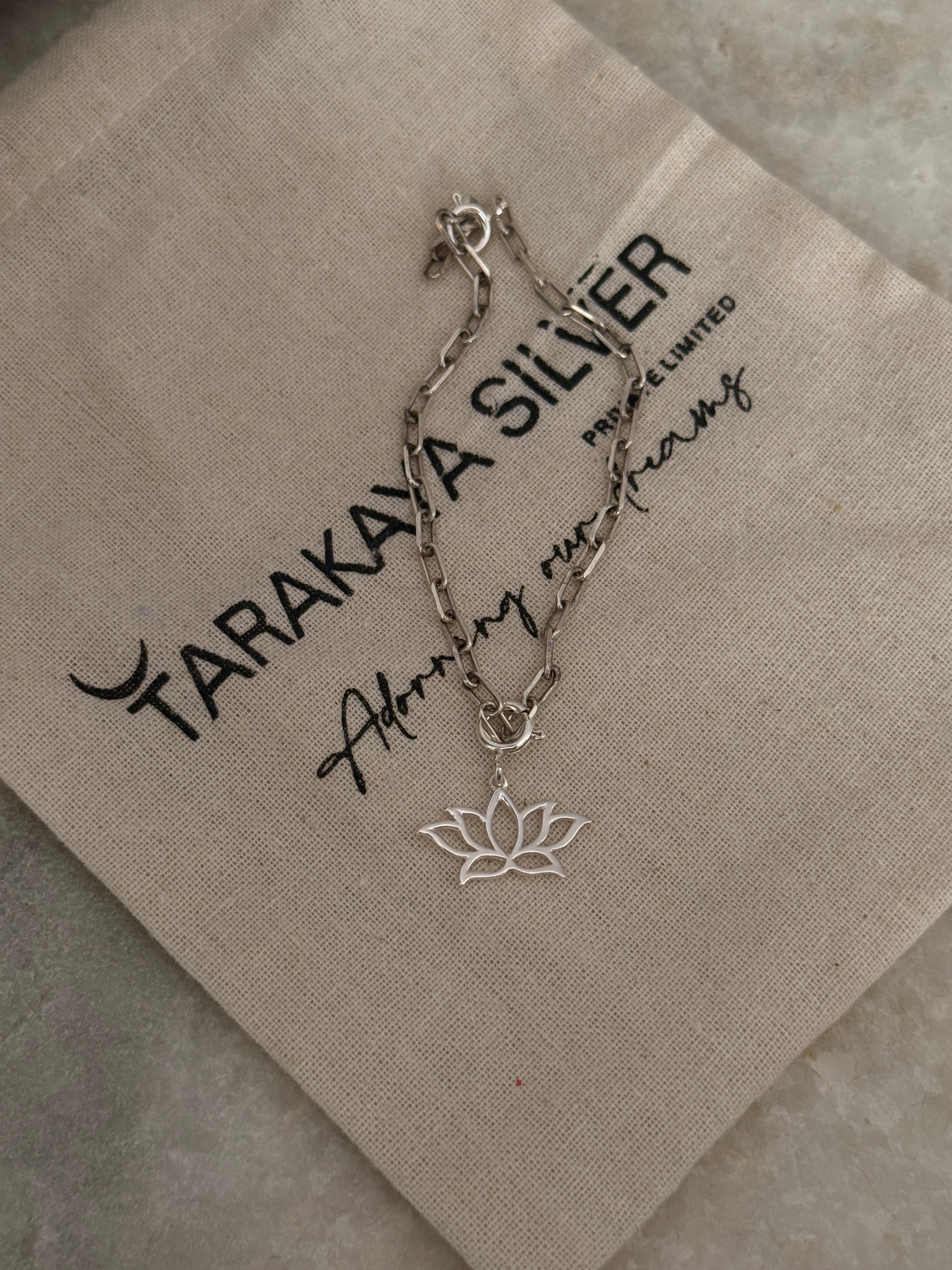 Handcrafted 925 sterling silver lotus charm paper clip bracelet