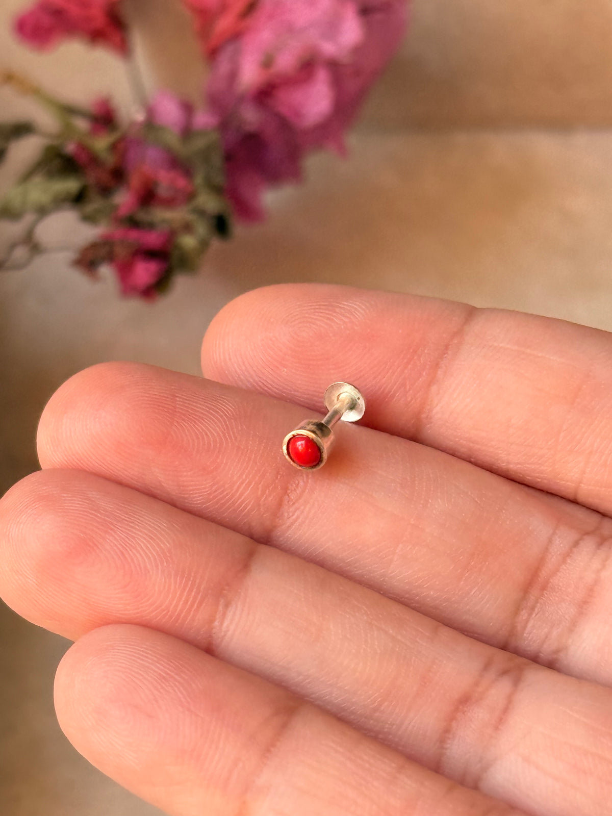 925 Sterling Silver Red Onyx South Screw Back Minimal Nose Pin