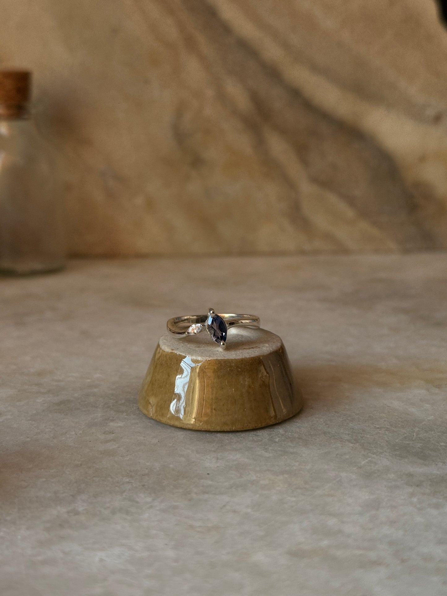 Boho style iolite marquise CZ ring in 925 sterling silver  