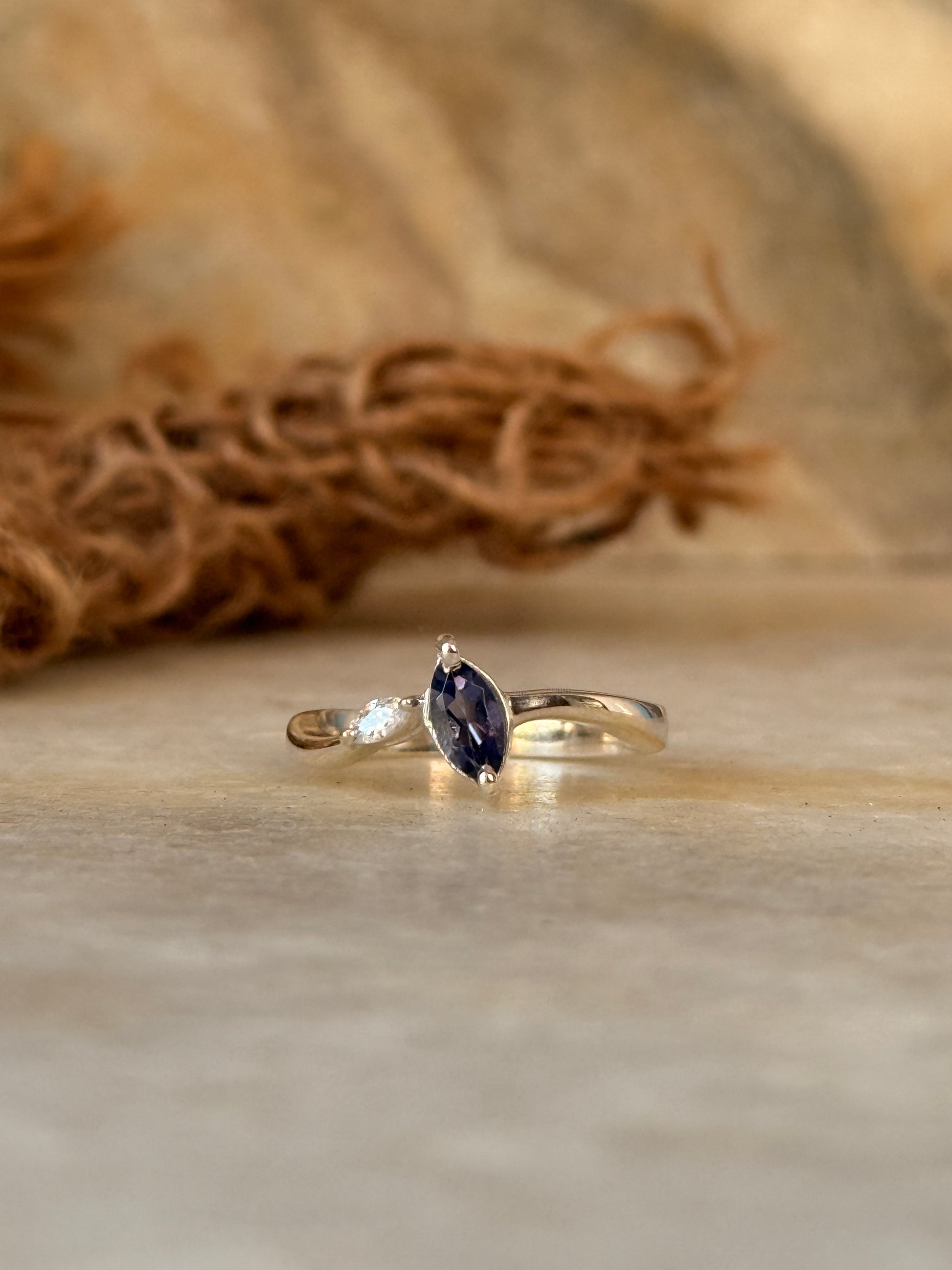 Elegant iolite marquise & CZ 925 sterling silver ring for women  