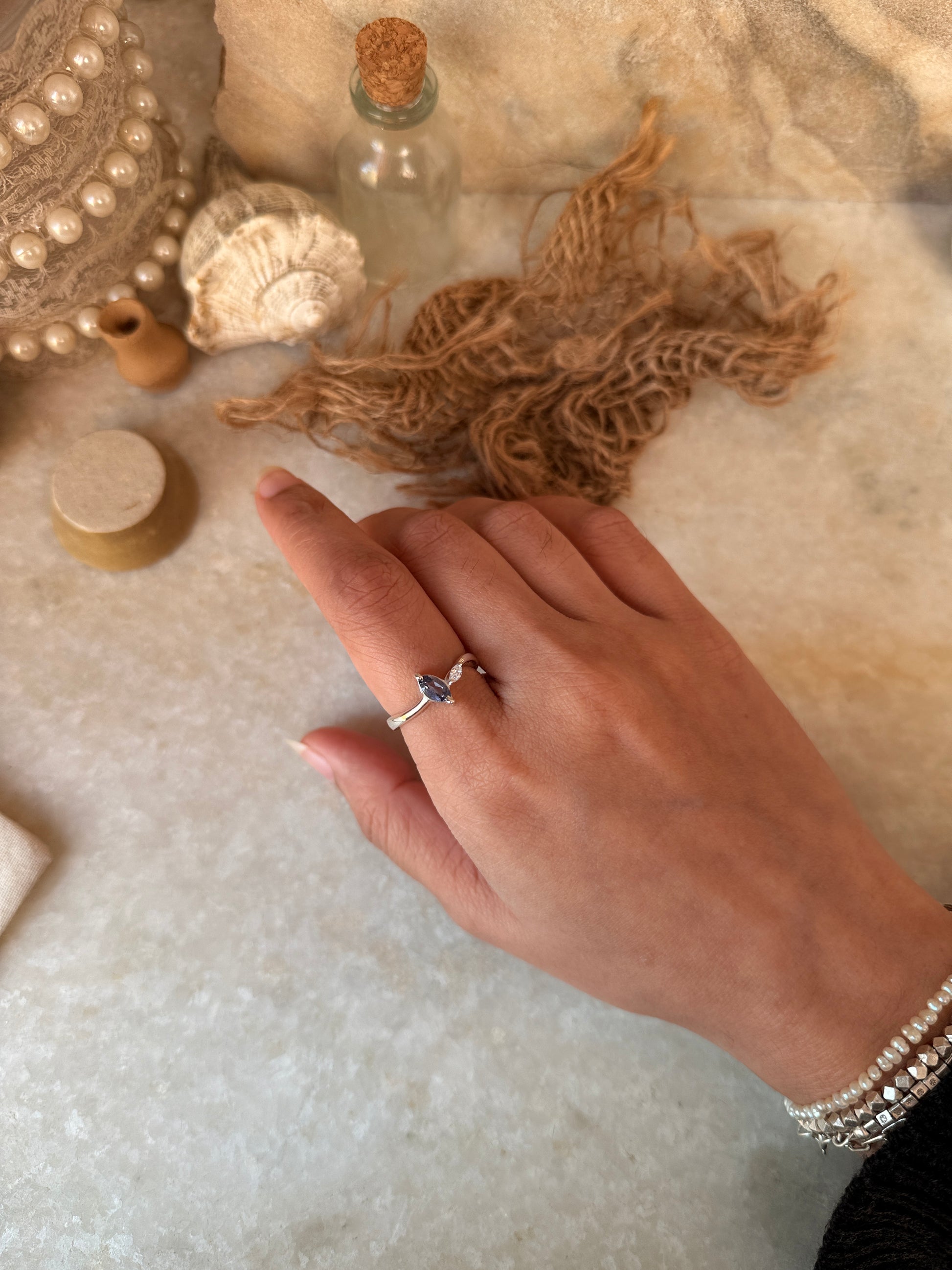 Iolite marquise cut CZ ring in 925 sterling silver  