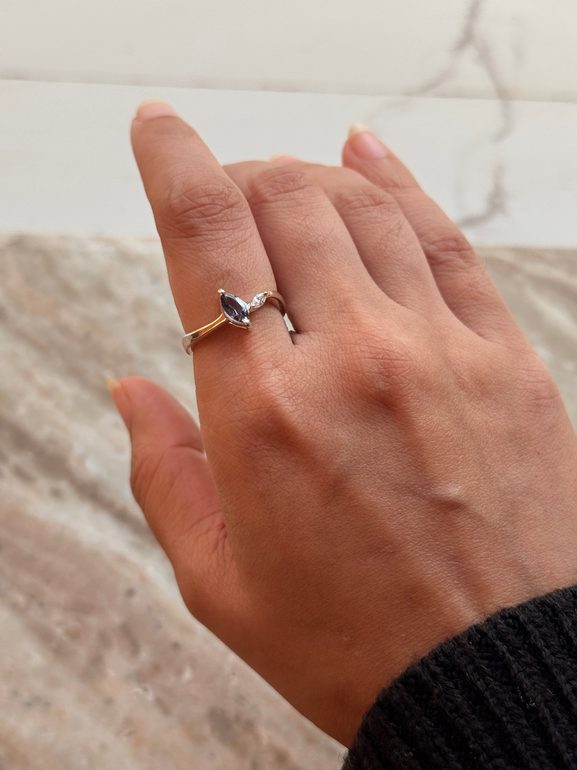 Natural iolite marquise gemstone 925 sterling silver ring with cubic zirconia