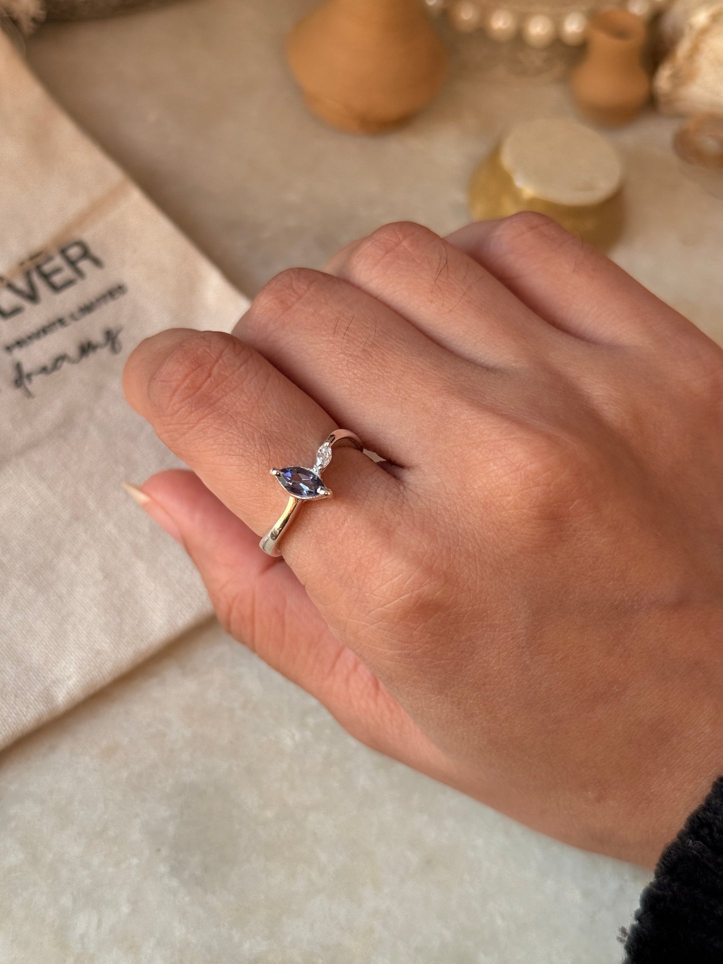 Artisan crafted 925 sterling silver marquise iolite ring