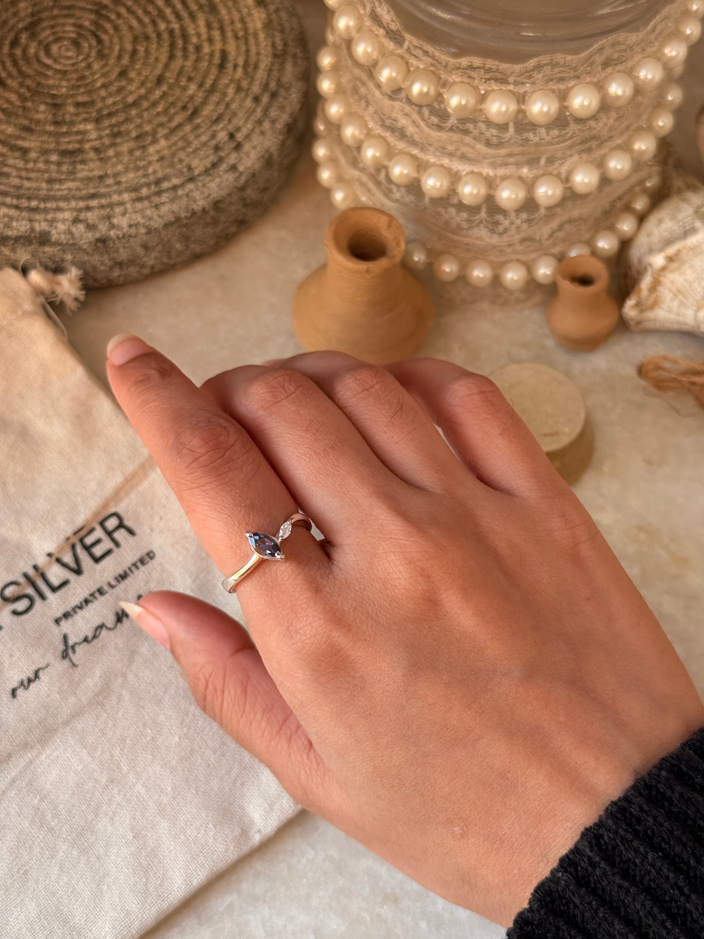 Purple iolite marquise ring set in 925 sterling silver