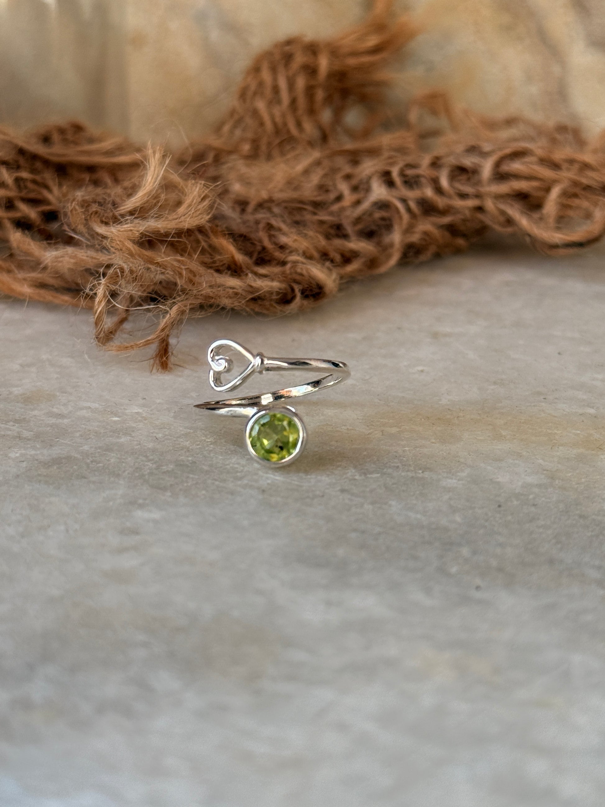 Natural peridot round gemstone heart adjustable 925 sterling silver ring  