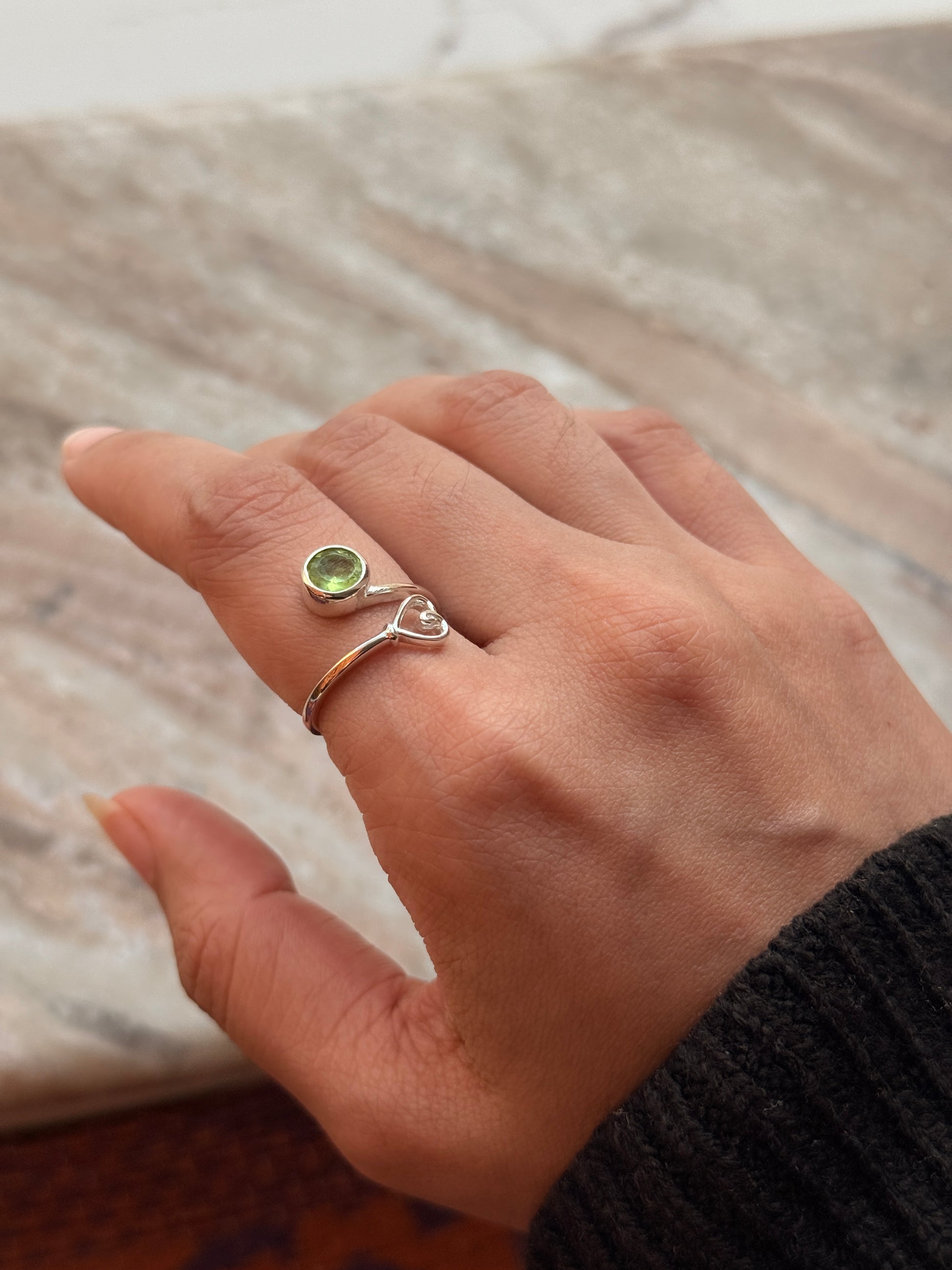  Peridot round heart adjustable ring in 925 sterling silver