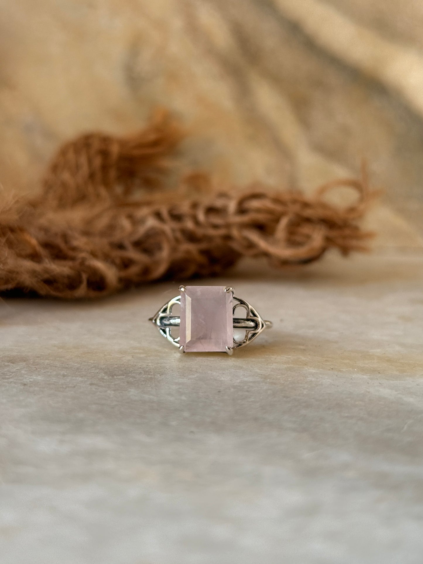 925 sterling silver rose quartz rectangular ring  