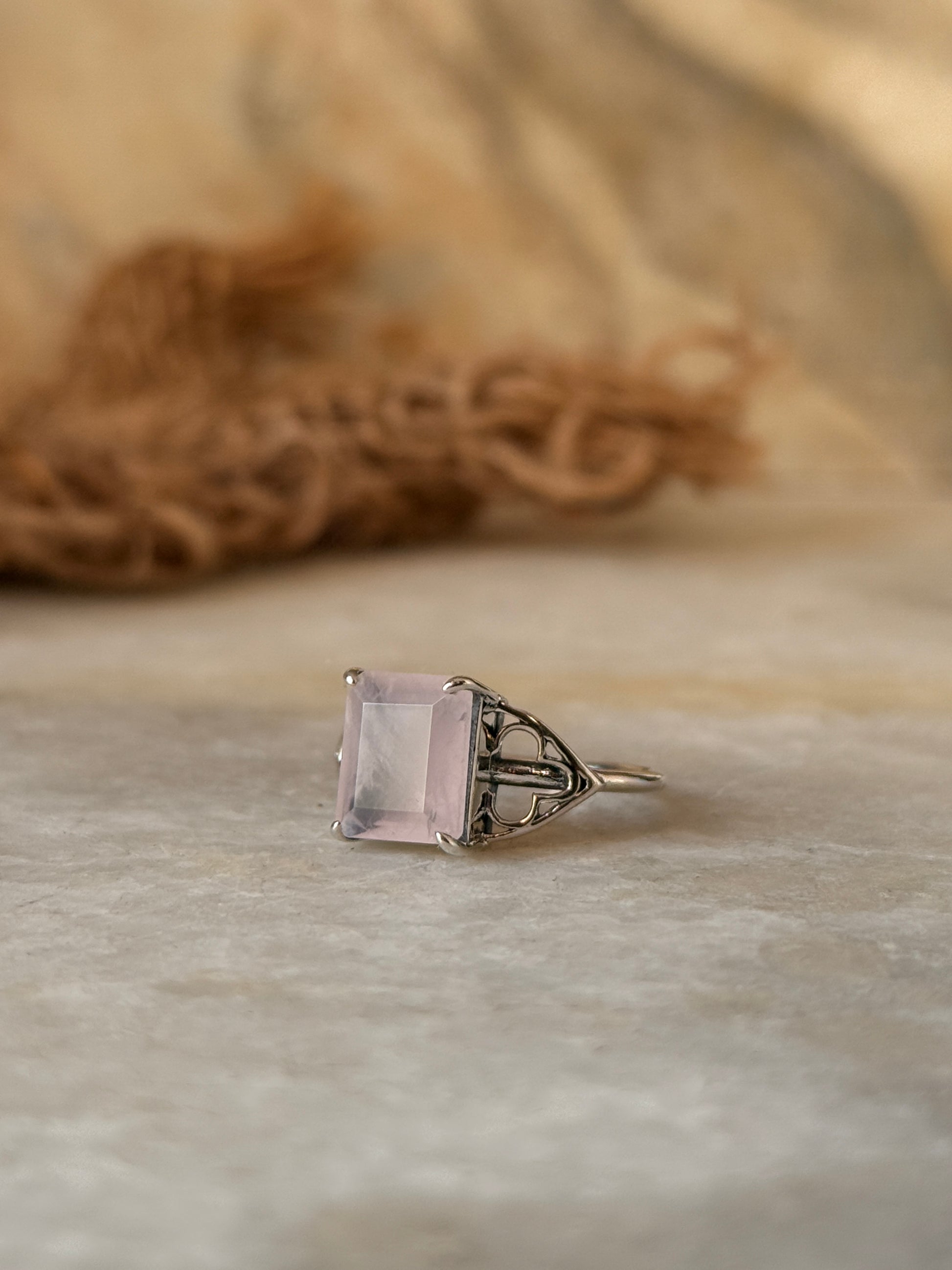 boho style 925 sterling silver rose quartz rectangle ring
