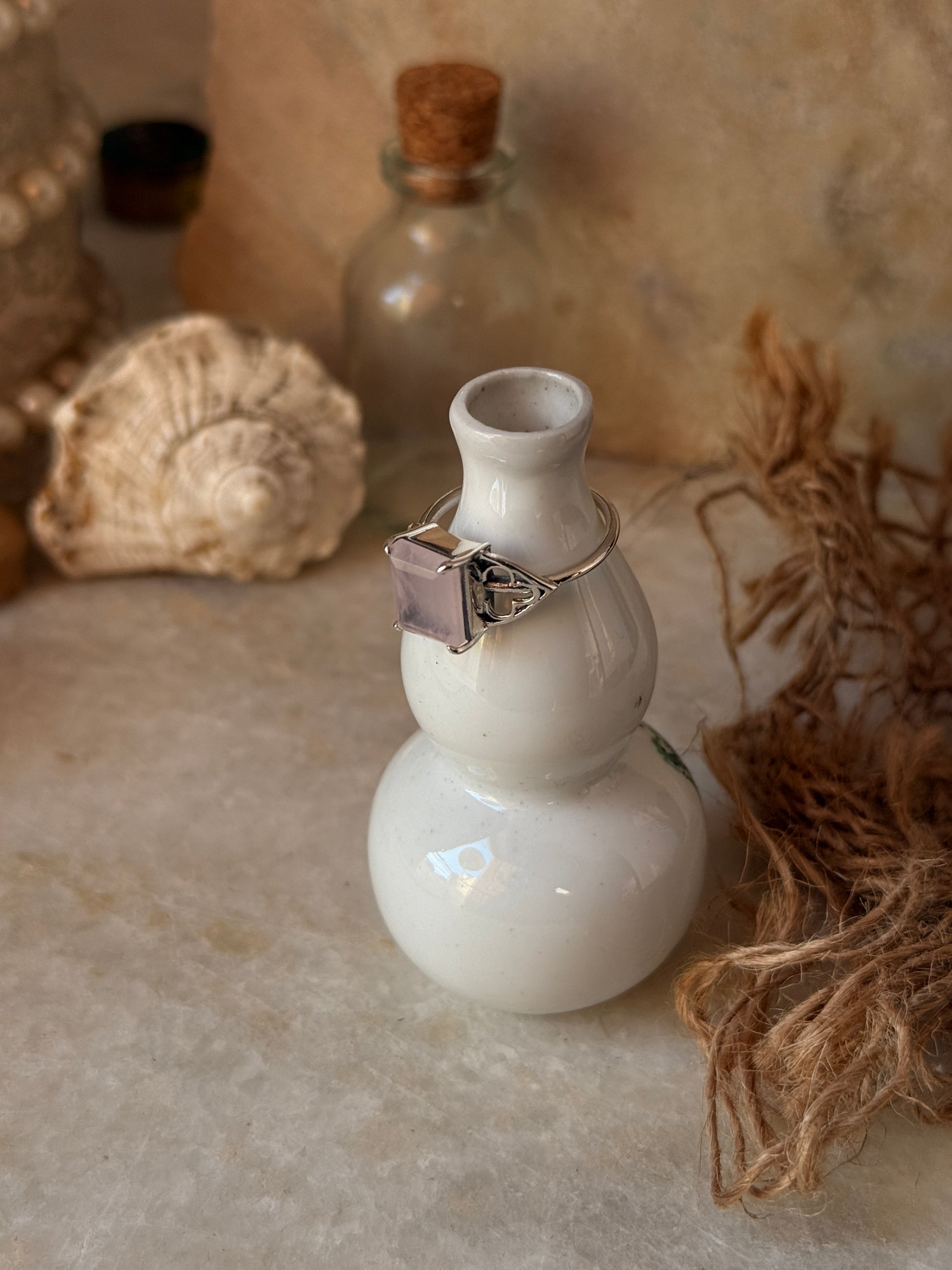 adjustable 925 sterling silver rose quartz rectangular ring