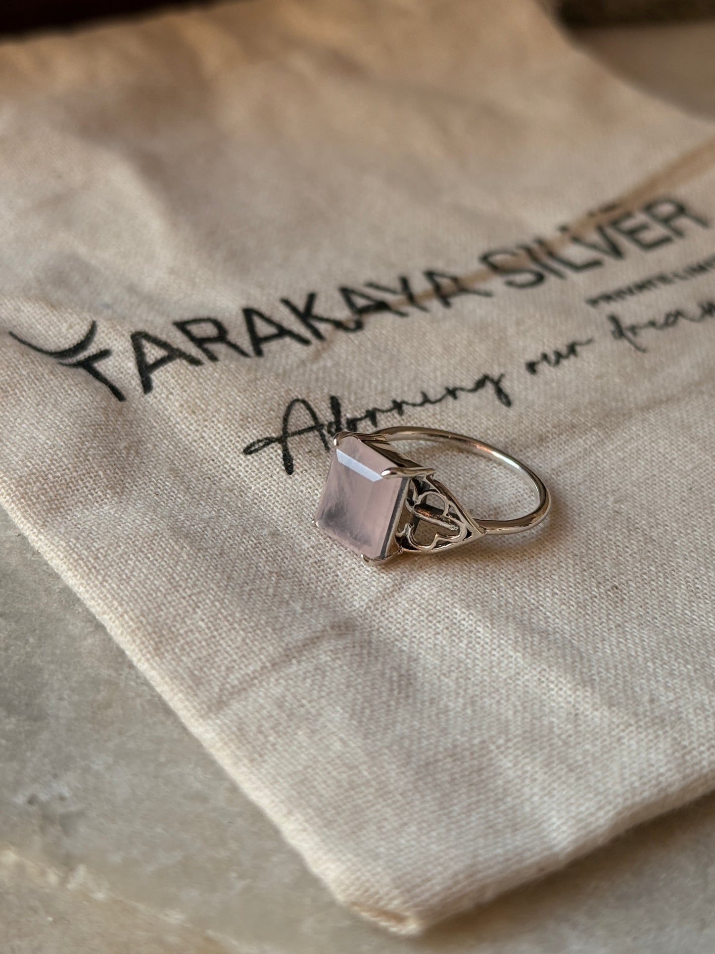 natural rose quartz rectangular 925 sterling silver ring