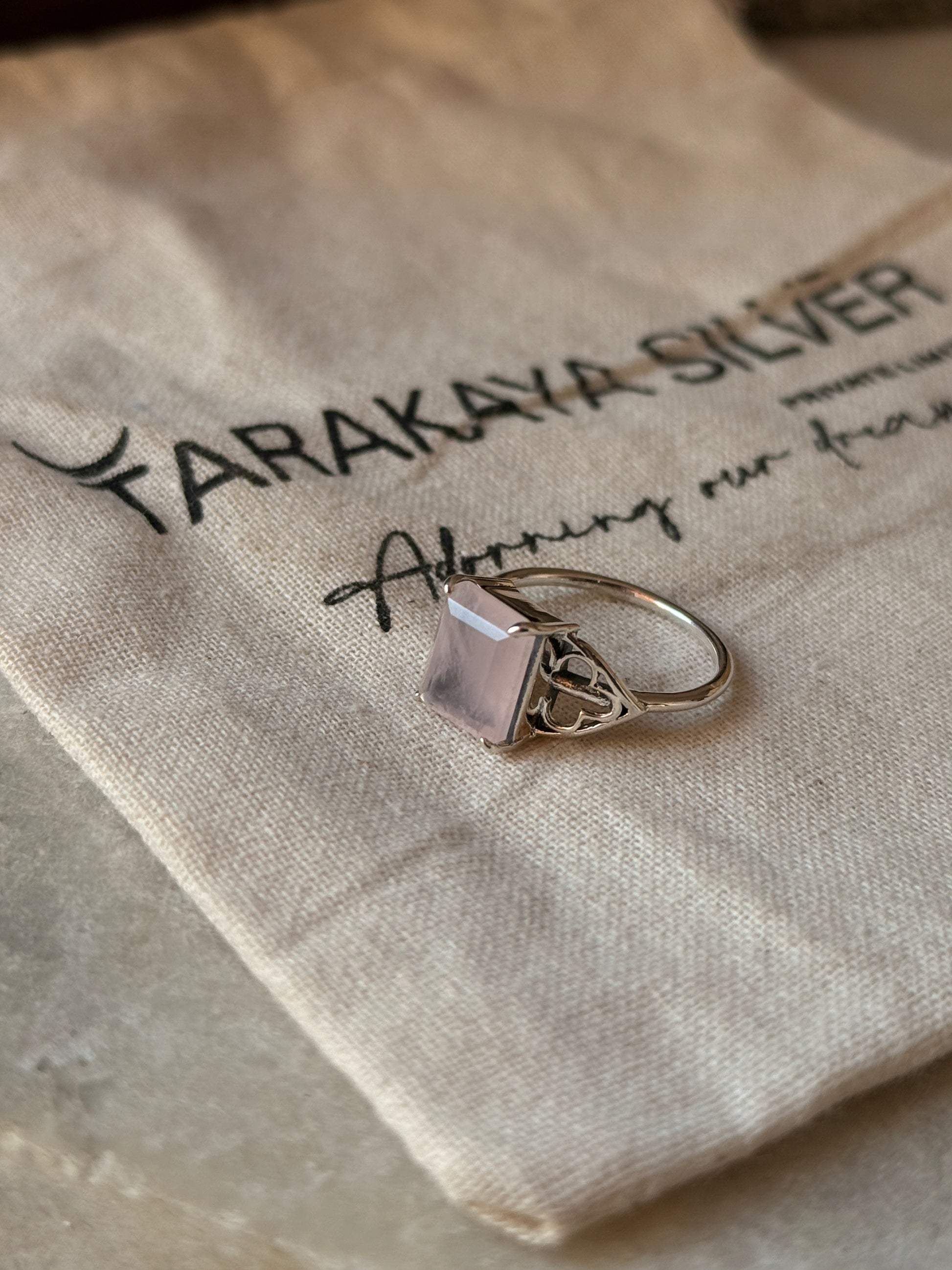 natural rose quartz rectangular 925 sterling silver ring